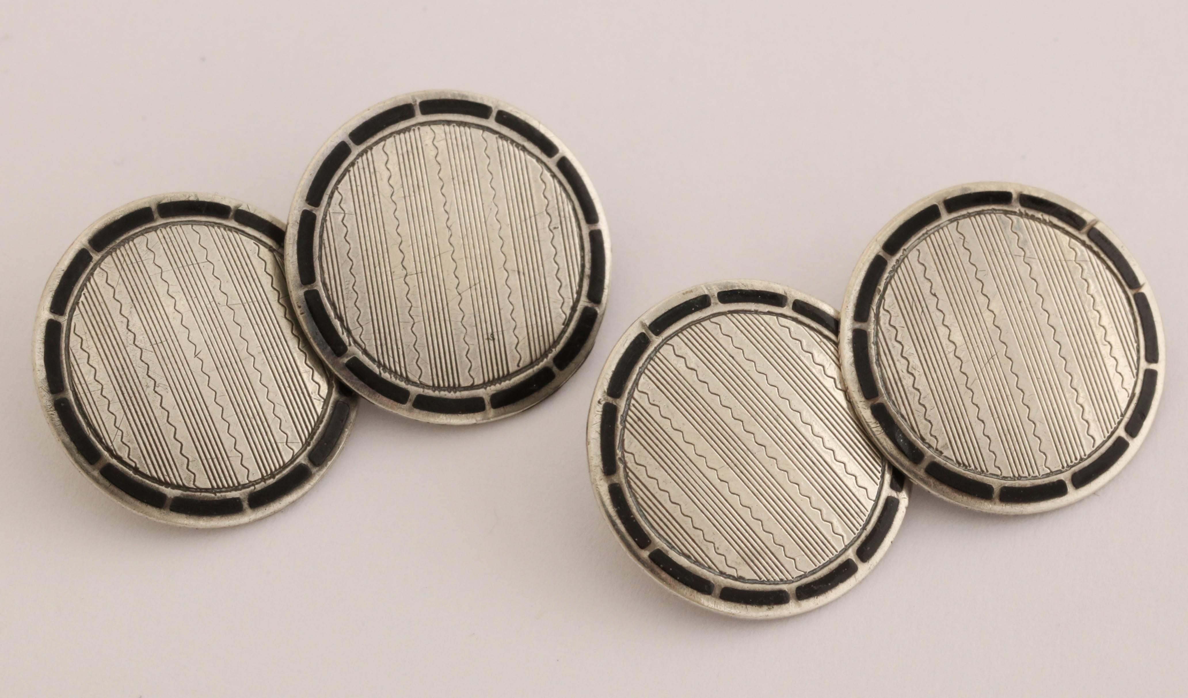 American Art Deco Sterling Silver and Black Guilloche Enamel Cufflinks In New Condition For Sale In New York, NY