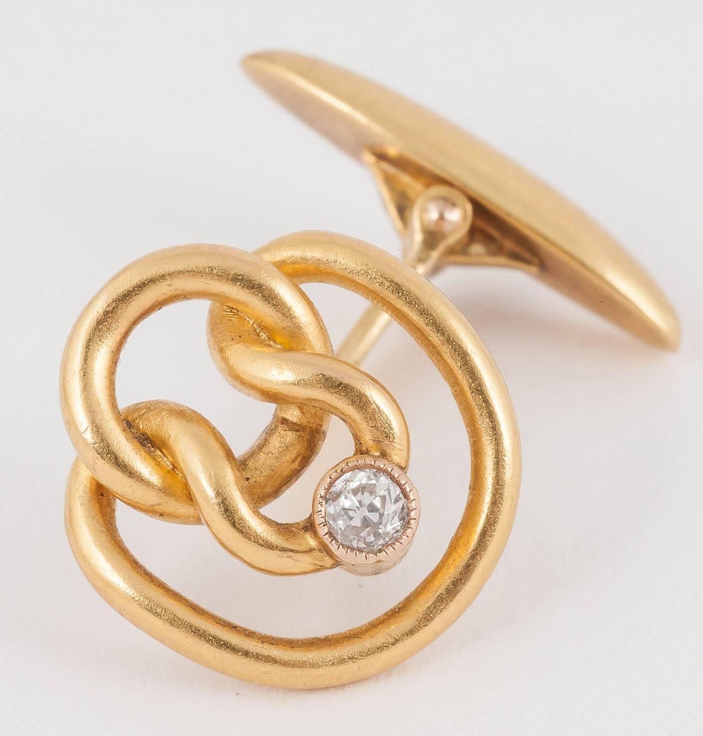 Russian Empire Cufflinks, 14 Karat Gold Entwined Knots with Diamond Collet, Russian circa 1890 For Sale