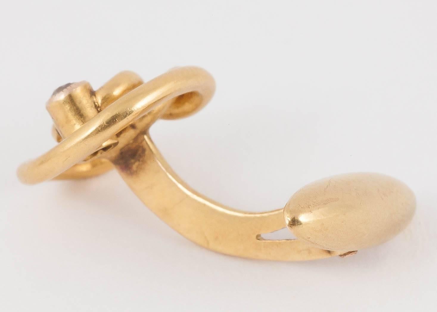 Round Cut Cufflinks, 14 Karat Gold Entwined Knots with Diamond Collet, Russian circa 1890 For Sale