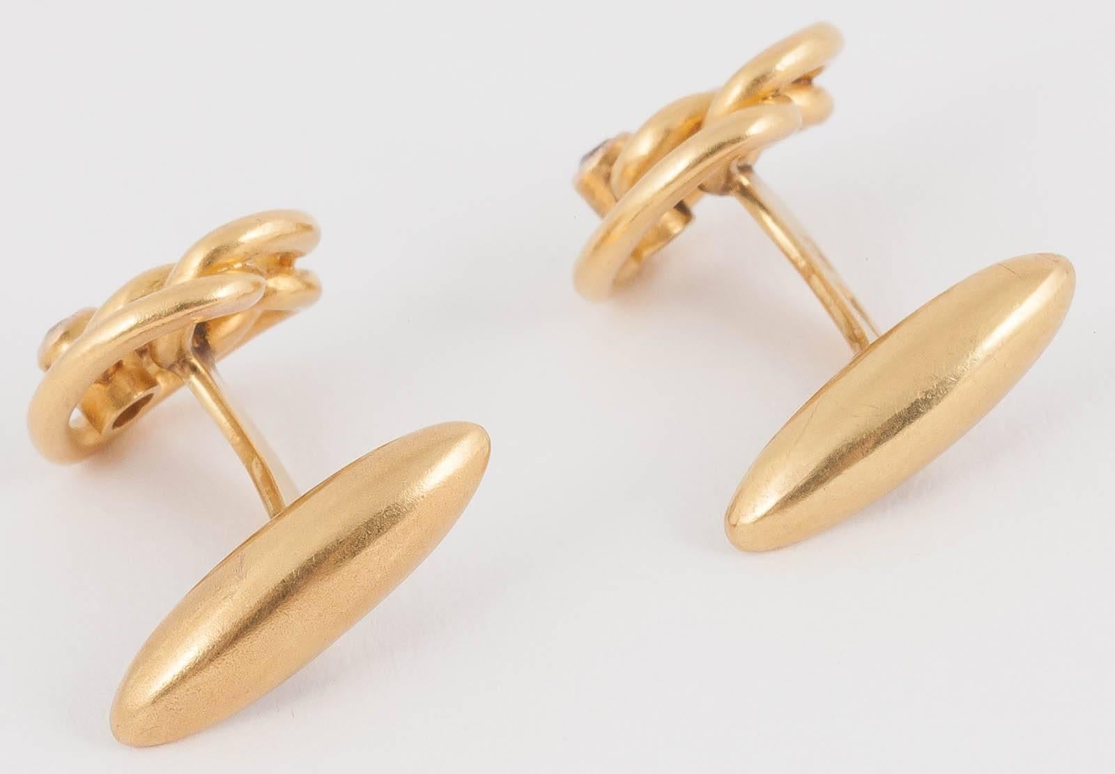 Cufflinks, 14 Karat Gold Entwined Knots with Diamond Collet, Russian circa 1890 For Sale 1