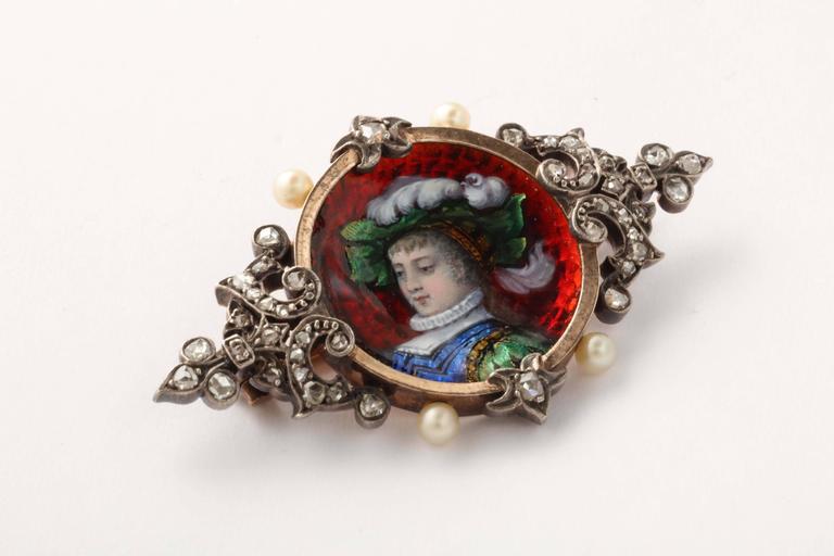 Broche Ancienne En émail De Limoges Candelier - Motif Antique, Métal Inconnu, Occasion