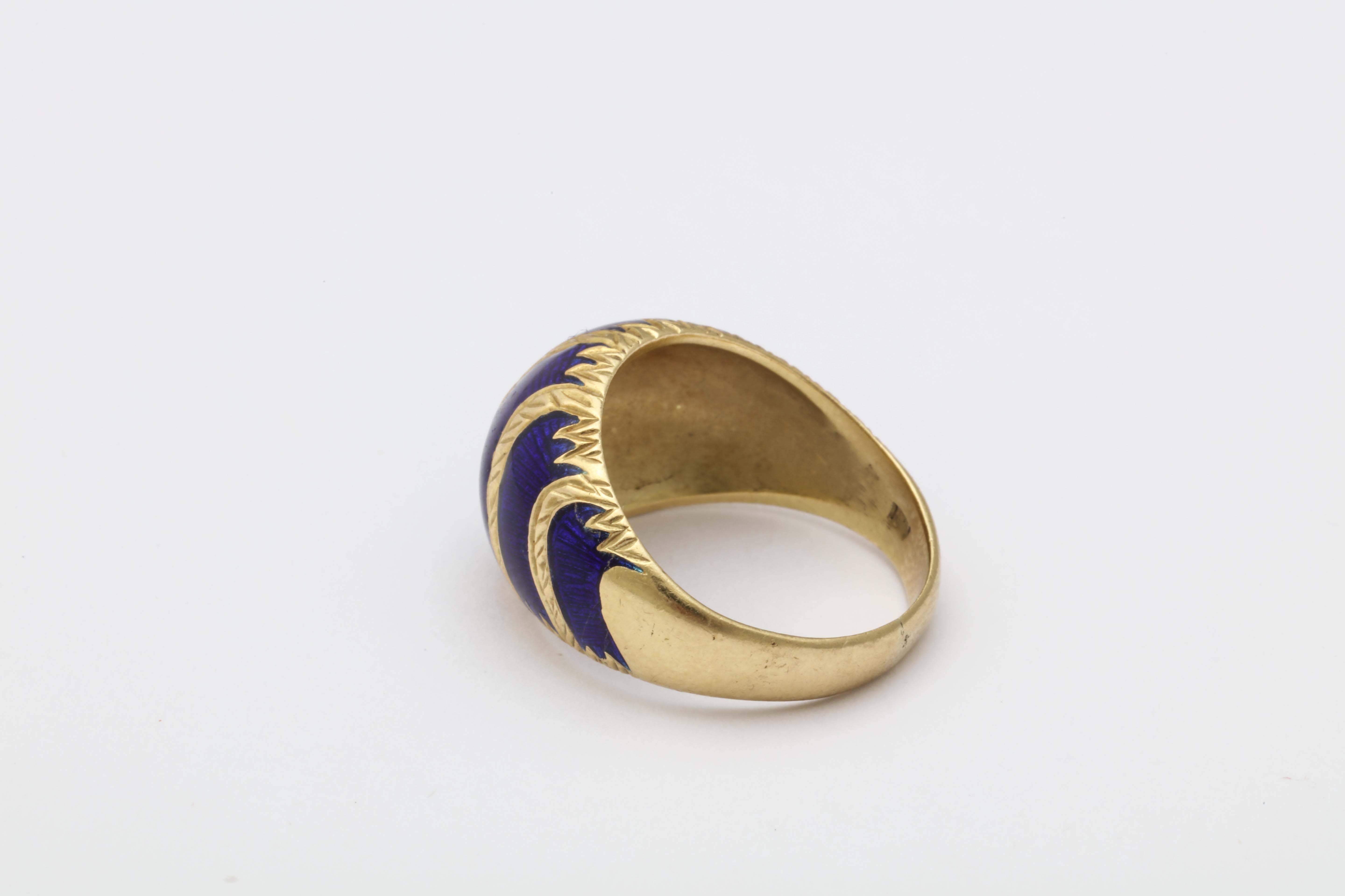 Blue Enamel Gold Dome Ring  In Excellent Condition For Sale In New York, NY