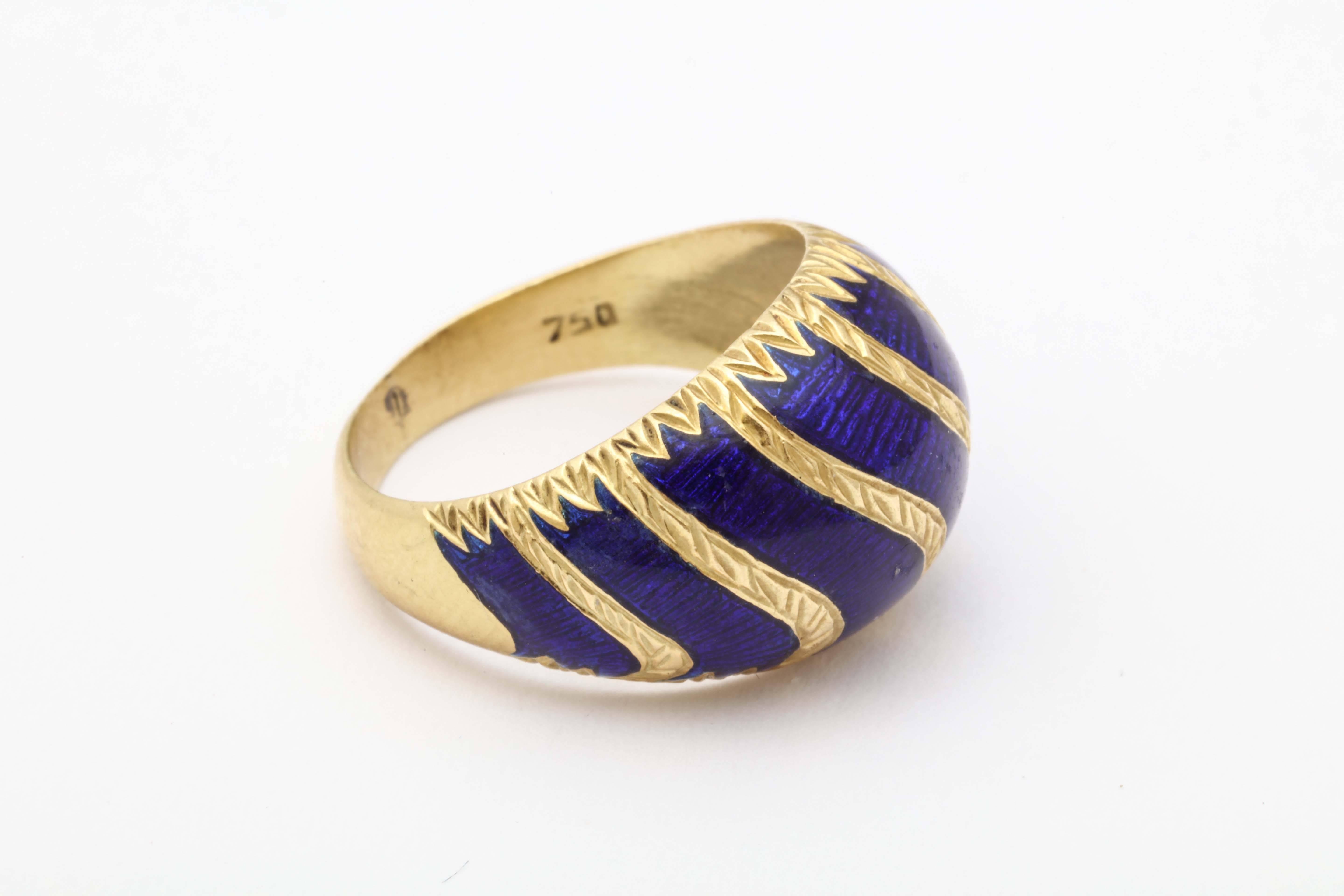 Blue Enamel Gold Dome Ring  For Sale 1