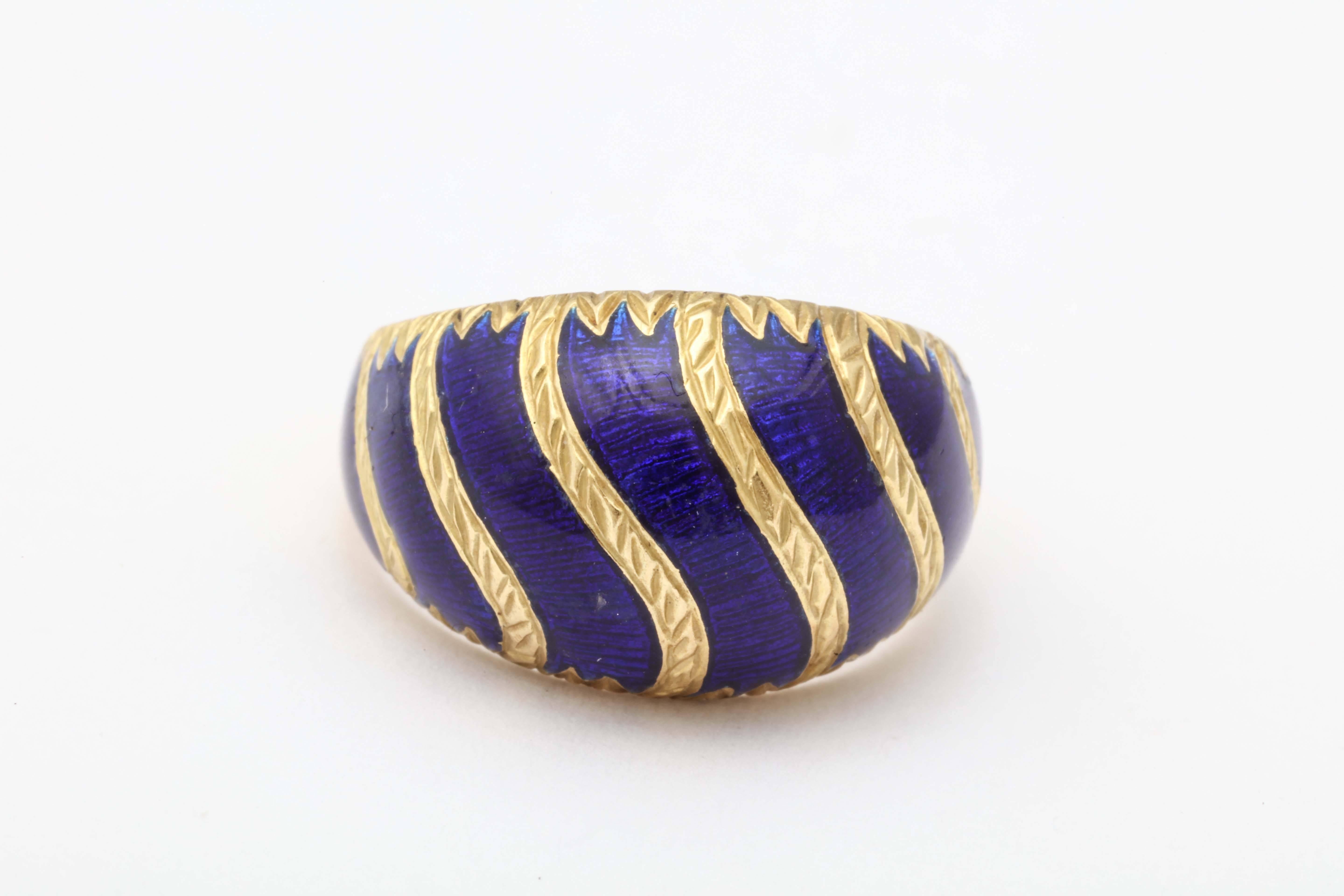 Blue Enamel Gold Dome Ring  For Sale 2