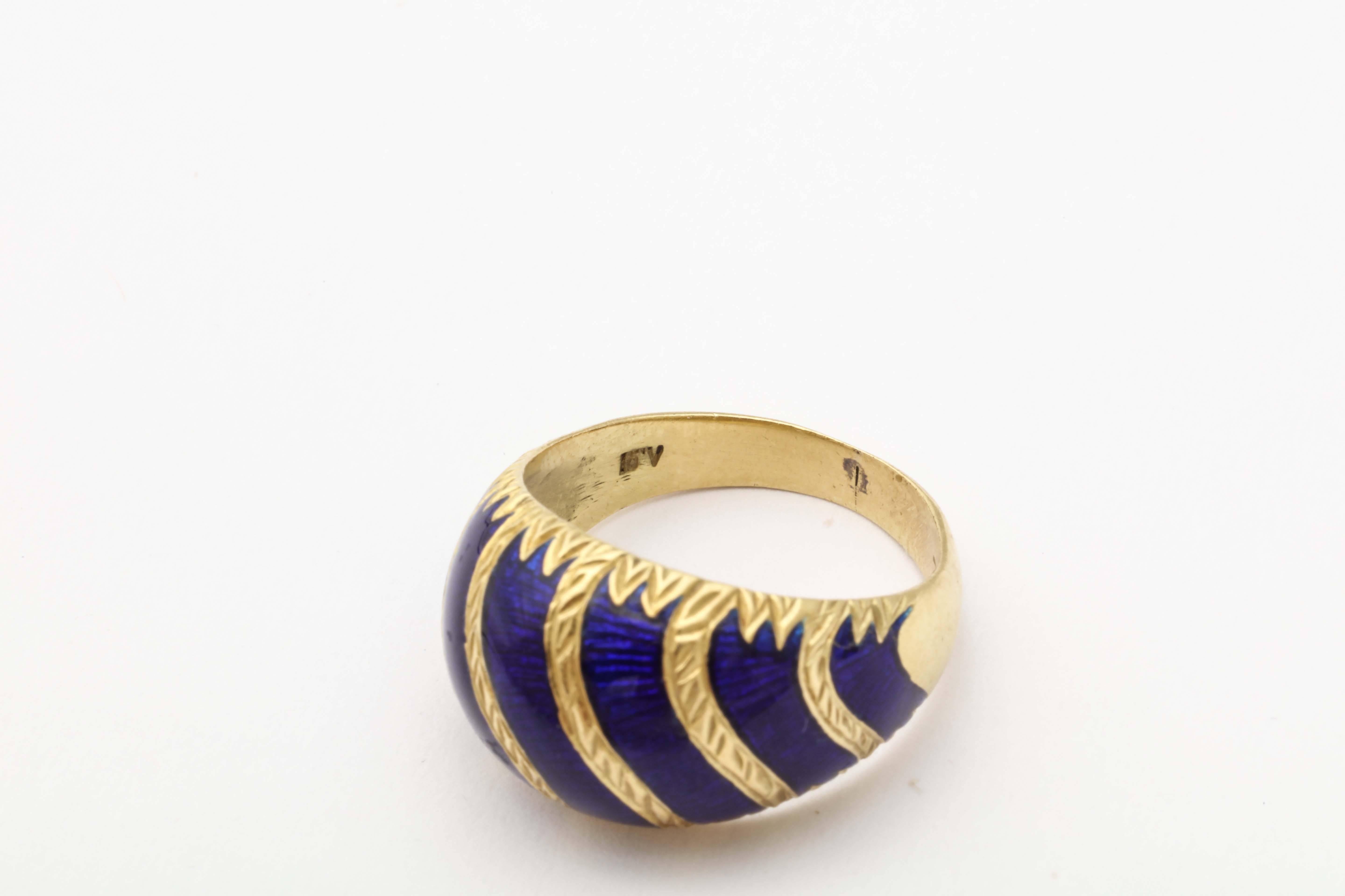 Blue Enamel Gold Dome Ring  For Sale 3