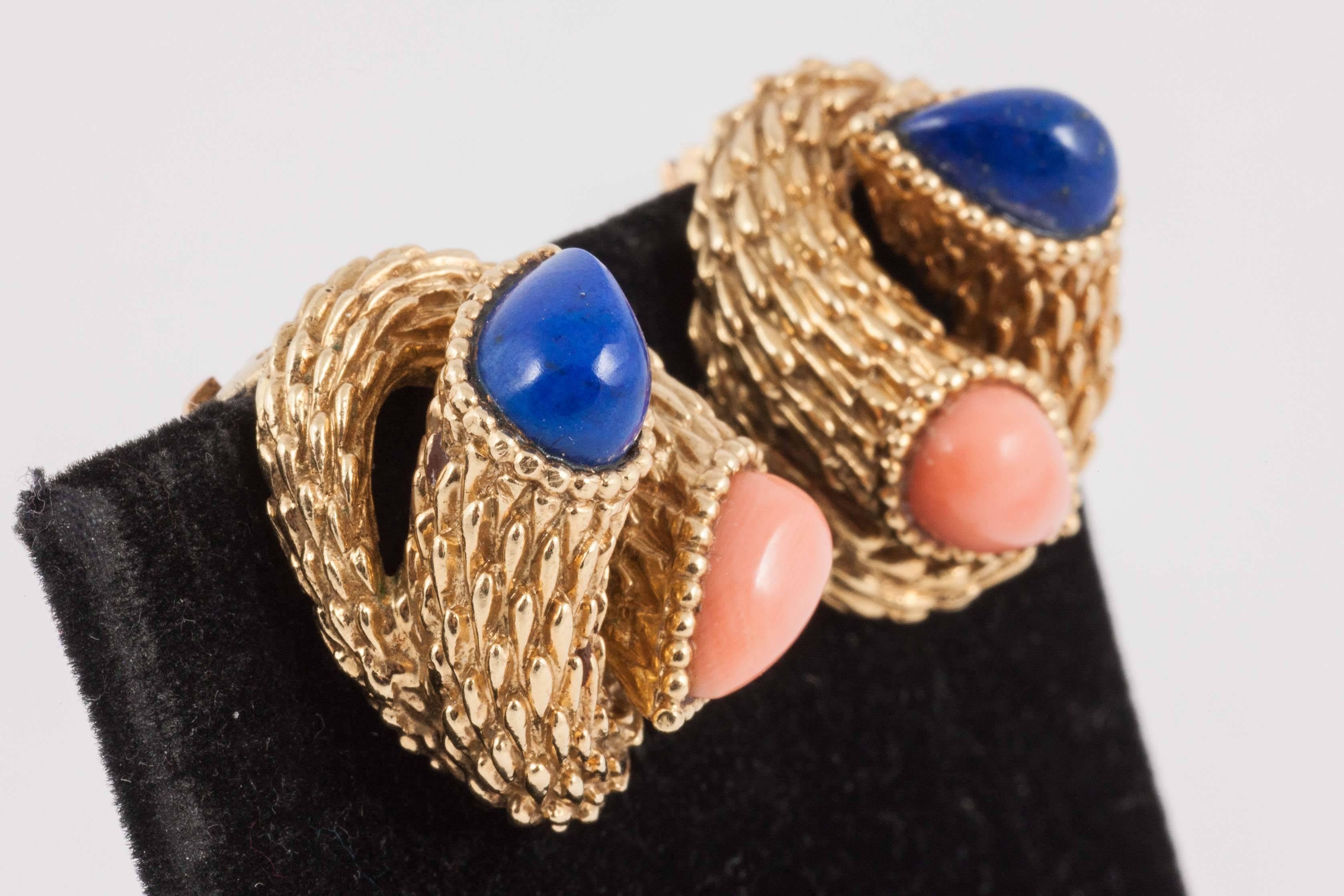 18ct Gold earrings set with Coral and Lapis Lazuli by Boucheron