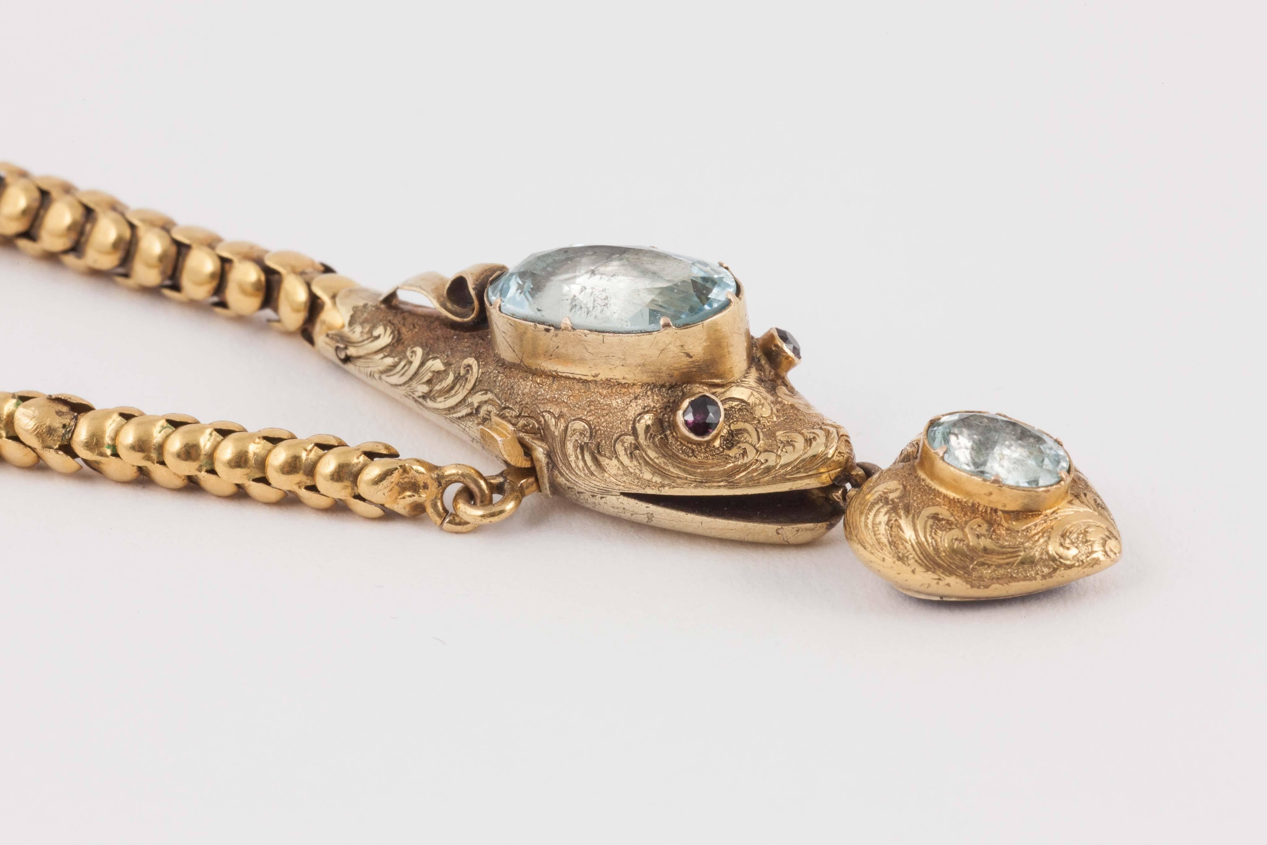 Victorian Aquamarine Gold Serpent Necklace In Excellent Condition For Sale In London, GB