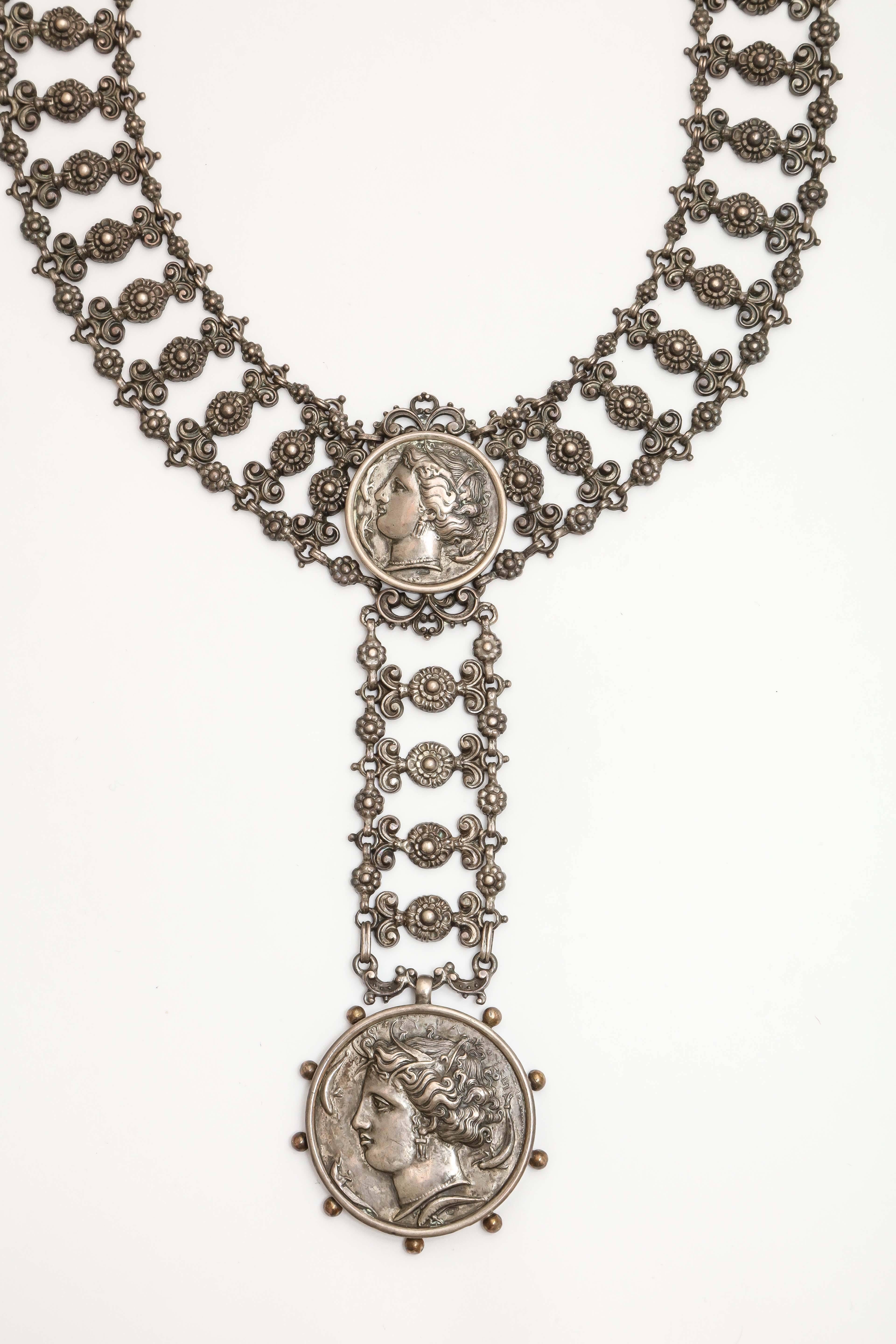 Antique Victorian Roman Revival Silver Filigree Necklace   1
