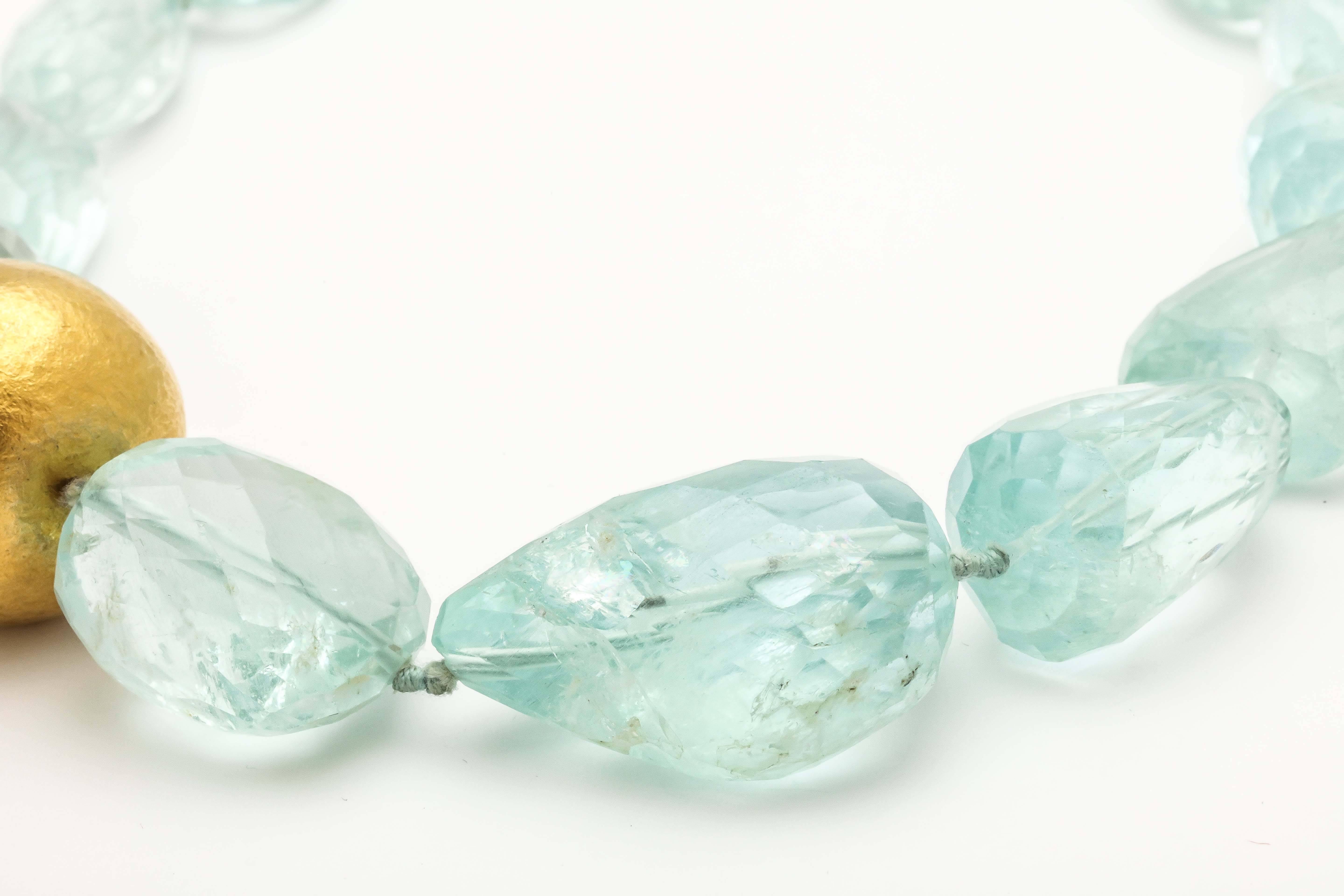 Contemporary Faceted Aquamarine Hand Hammered Gold Bead Necklace