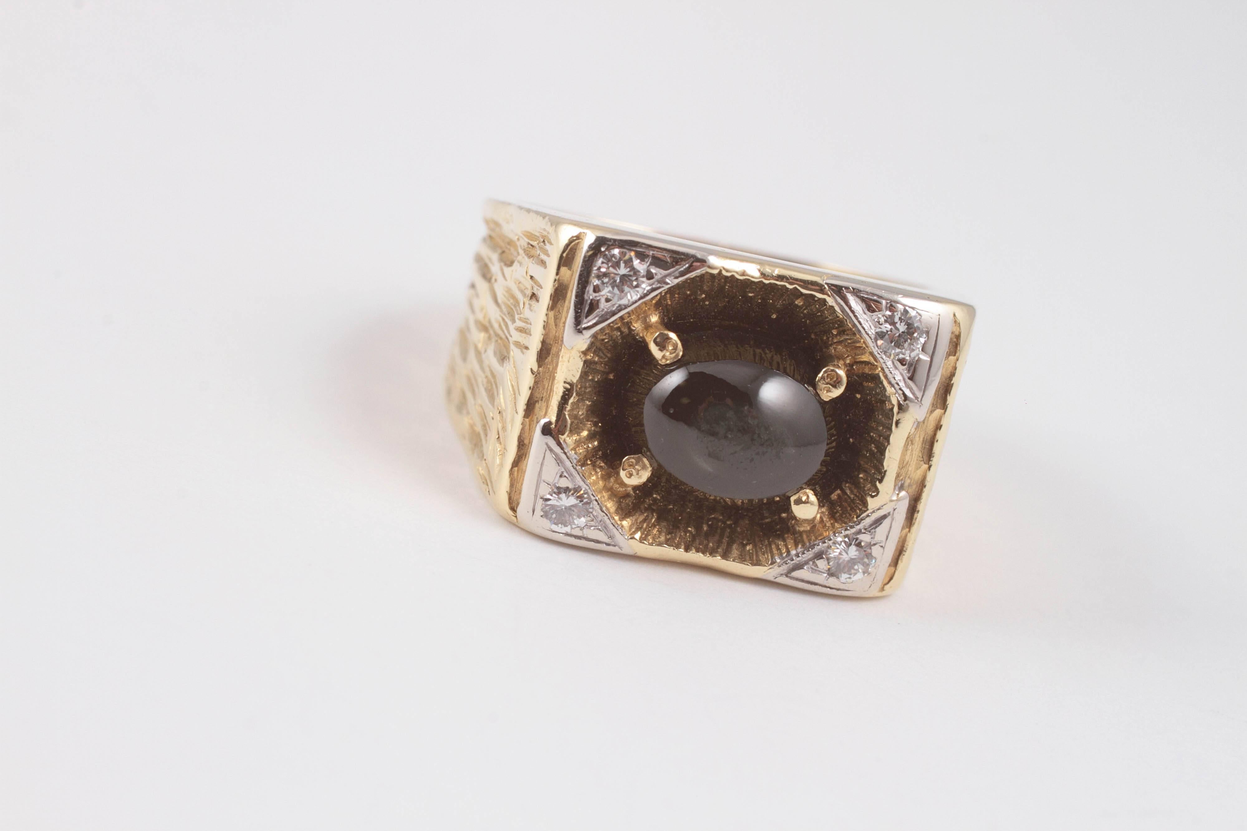 Contemporary Black Sapphire and Diamond Ring in 18 Karat Two Tone Gold