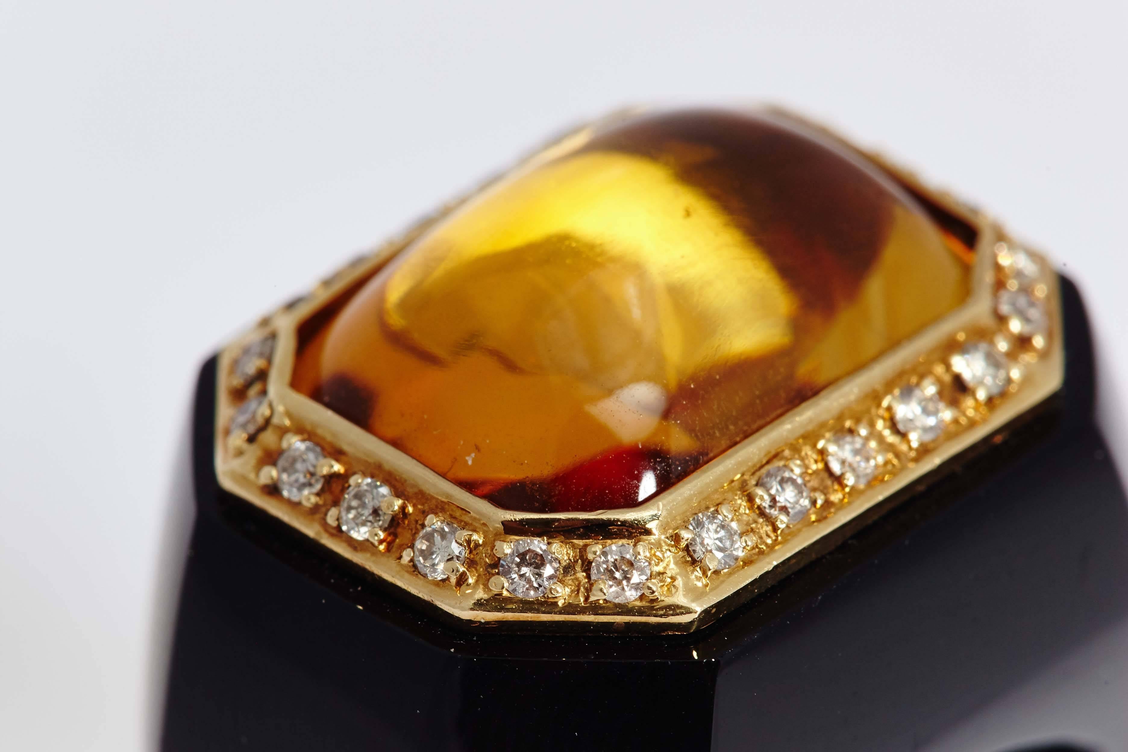 Women's 1980s Citrine Diamond Onyx Gold Ring  For Sale