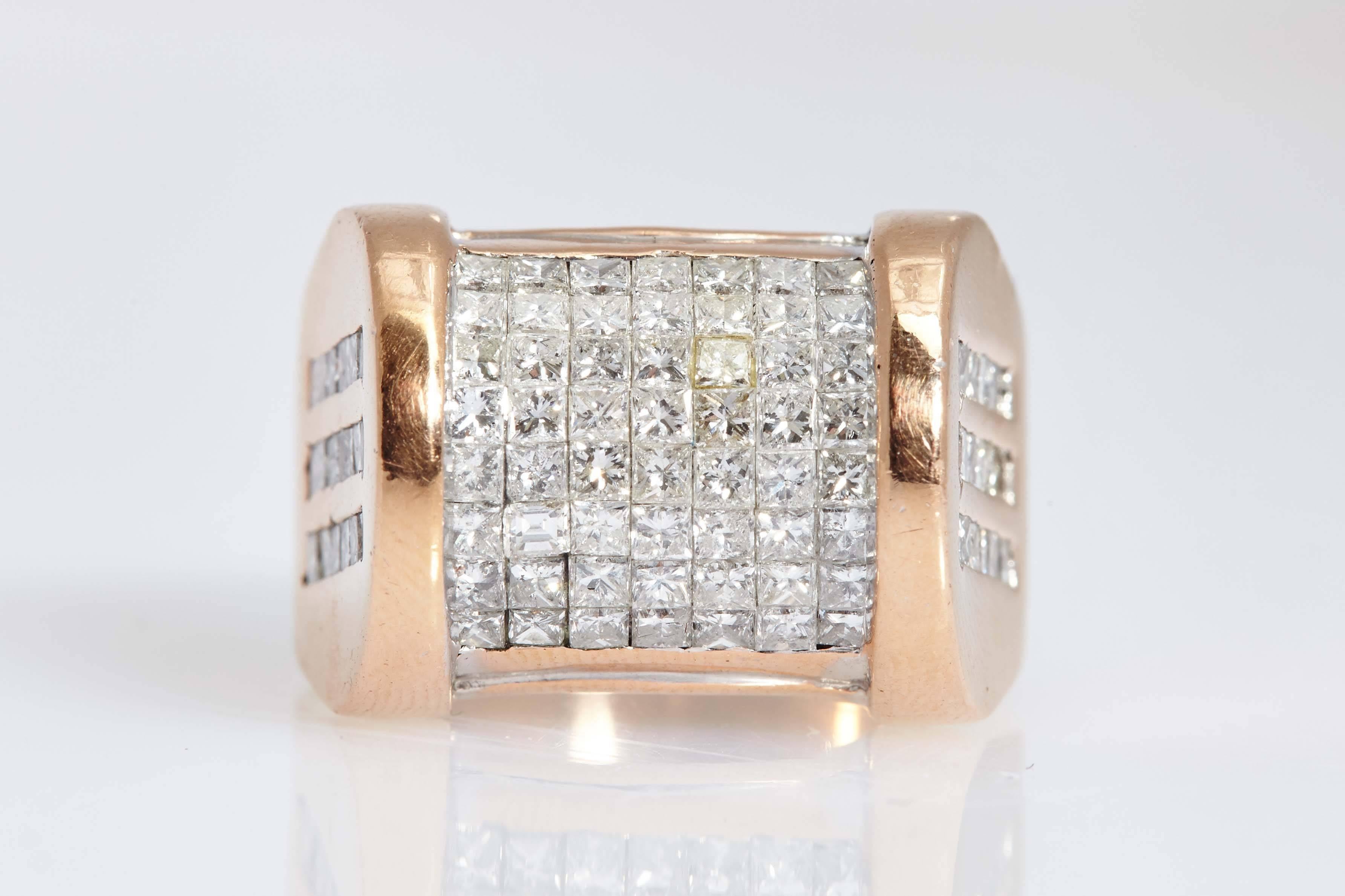 Retro invisible set diamond and rose gold cocktail ring. Circa 1950 
