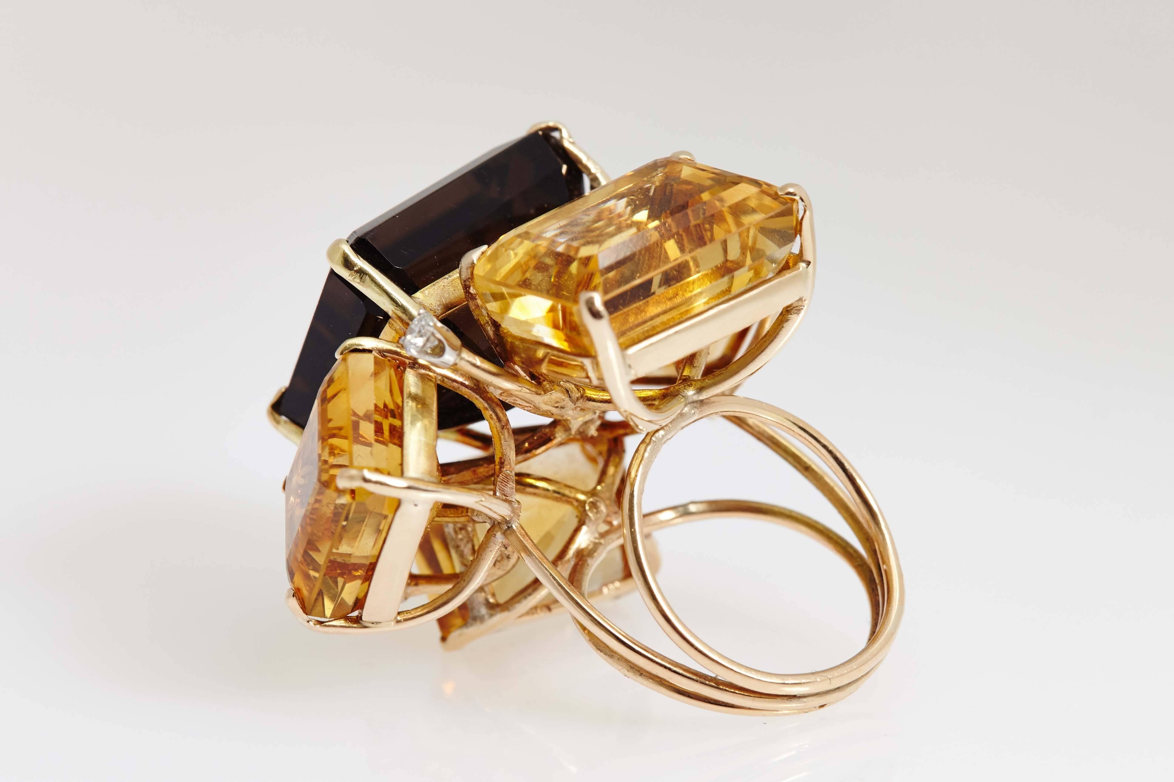 Smoky Quartz Citrine Diamond Gold Geometrical Ring In Excellent Condition In New York, NY