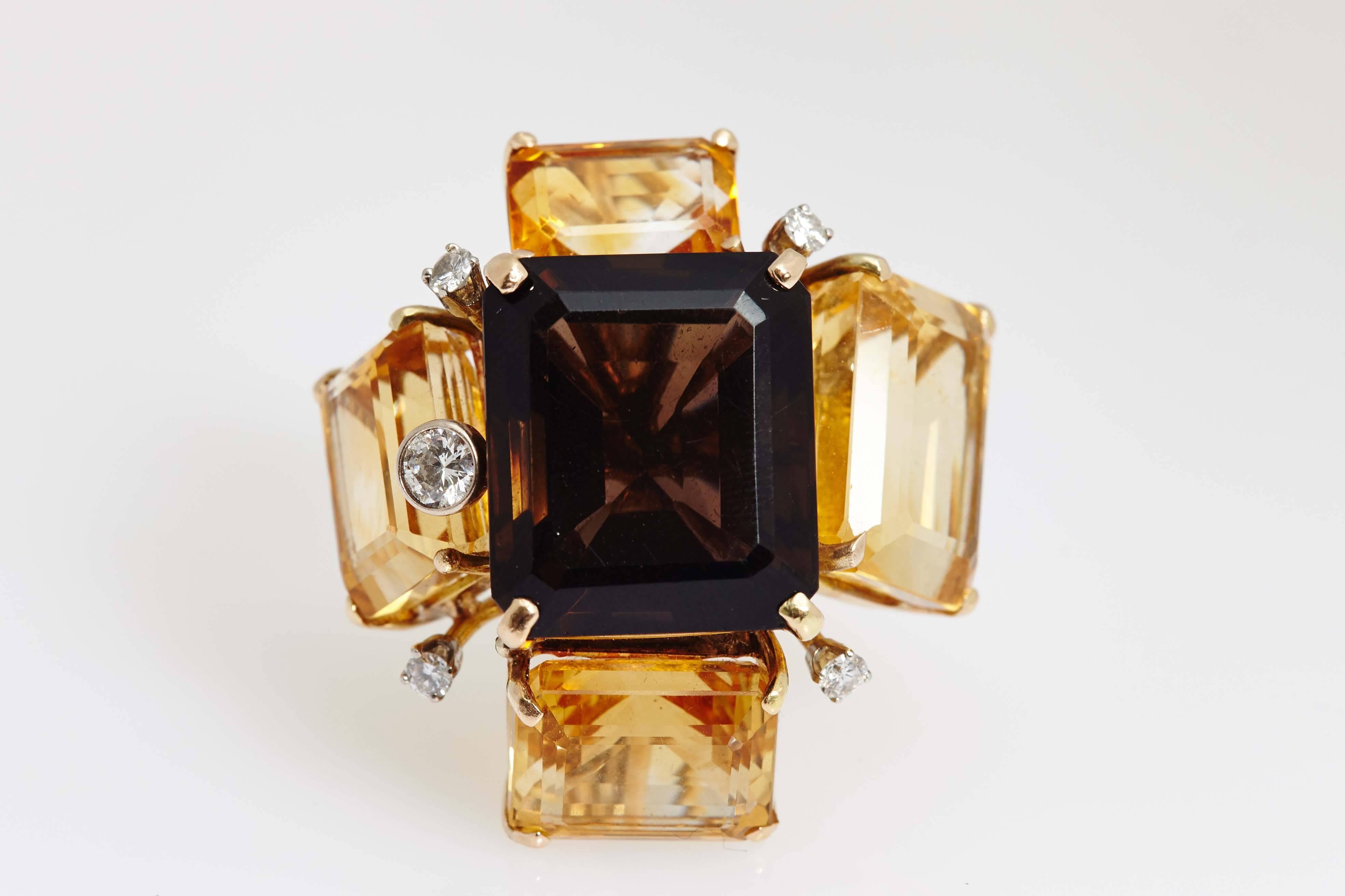Women's Smoky Quartz Citrine Diamond Gold Geometrical Ring