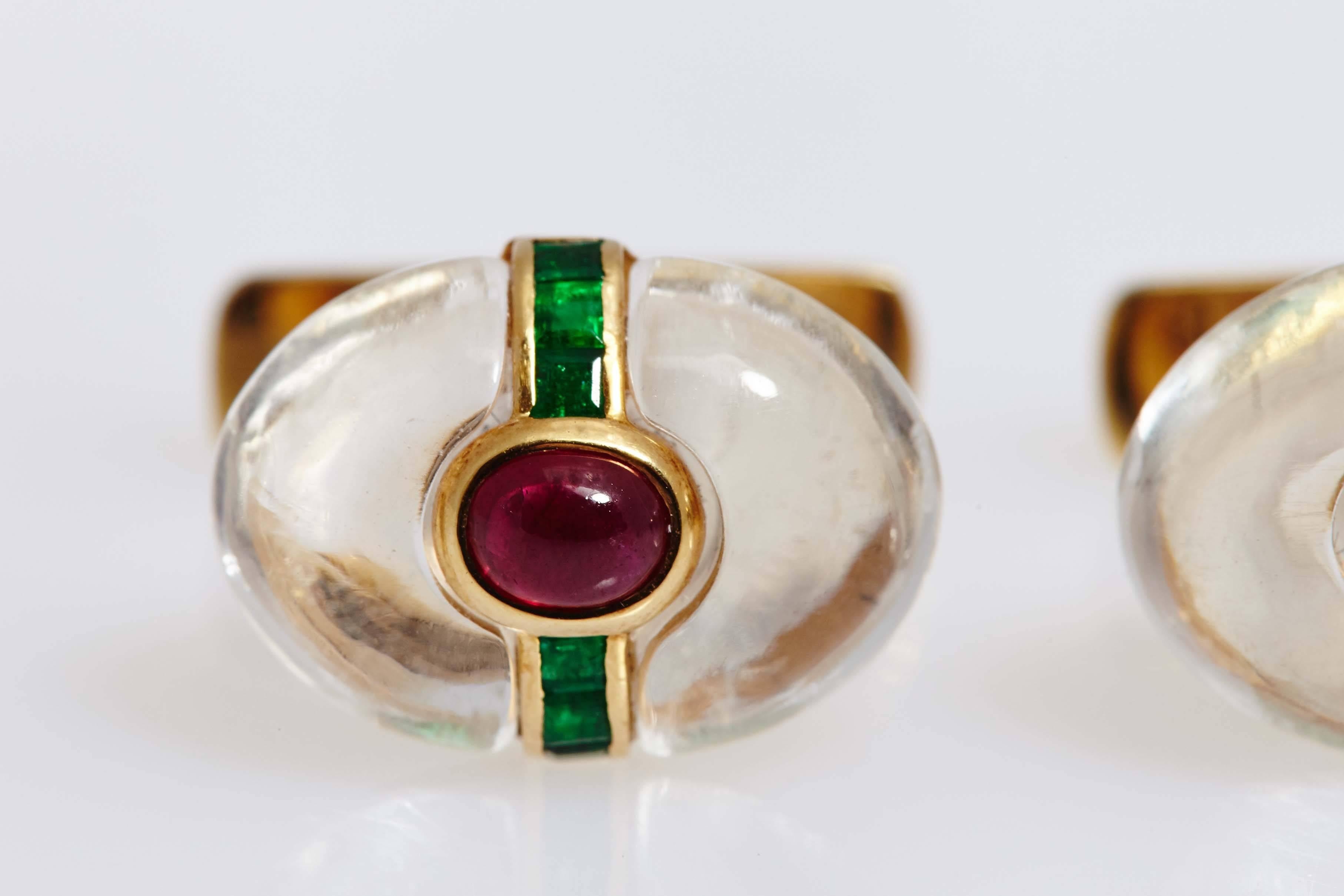 1960s Bulgari Rock Crystal Cabochon Rubies Emerald Gold Dolce Vita Cufflinks  In Excellent Condition In New York, NY