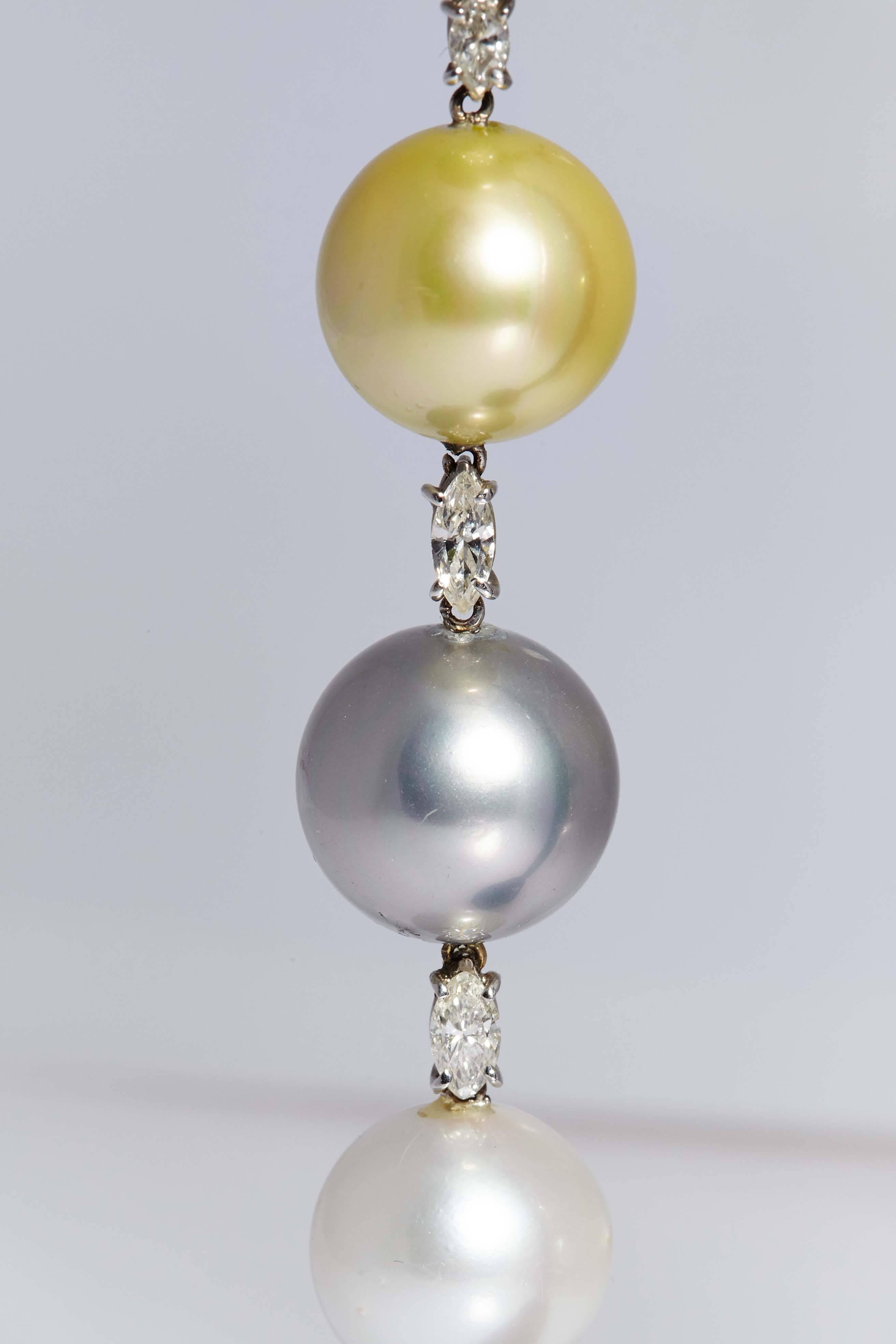 1980s Impressive Pearl Diamond Gold Ear Pendants  In Excellent Condition For Sale In New York, NY