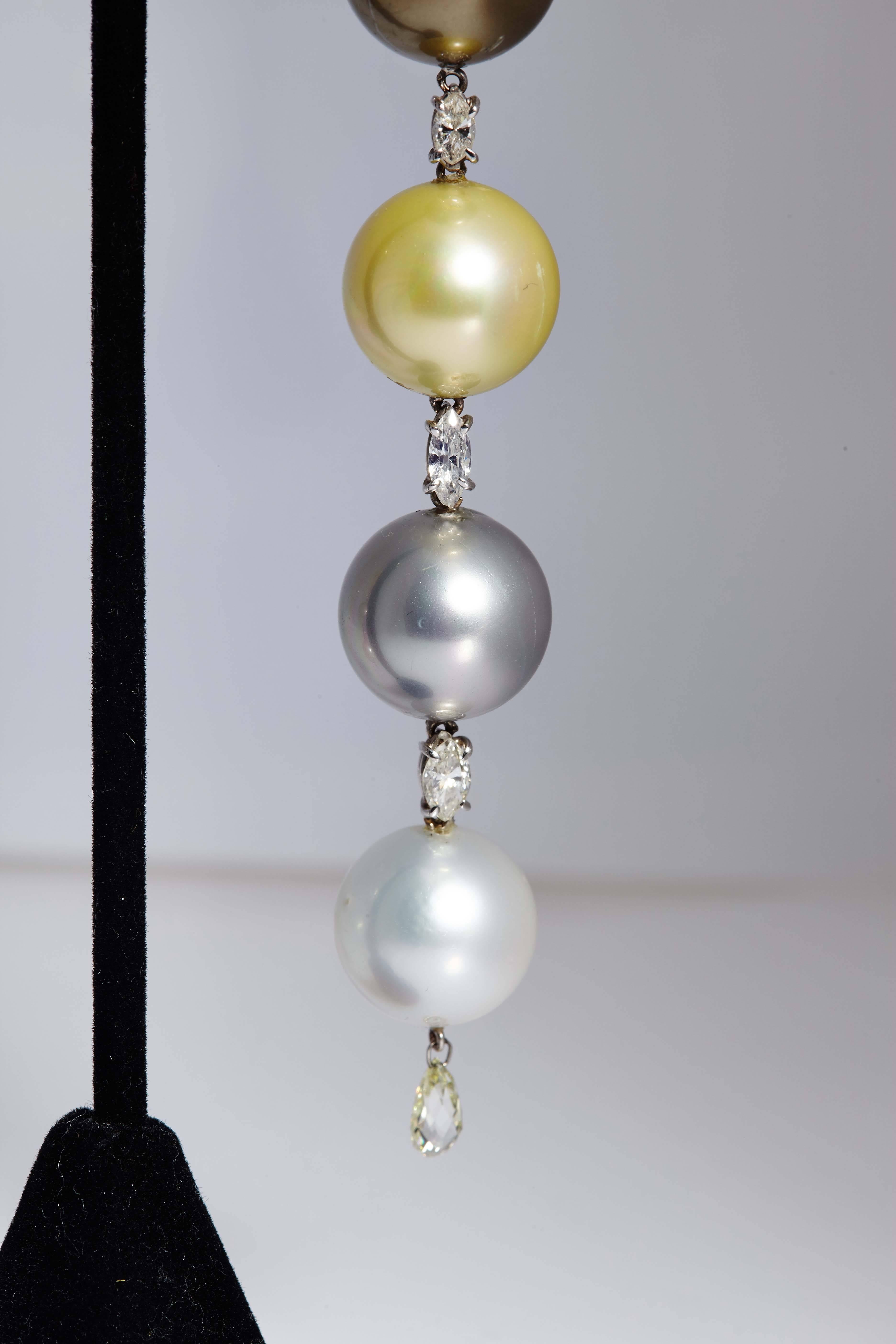 Women's 1980s Impressive Pearl Diamond Gold Ear Pendants  For Sale