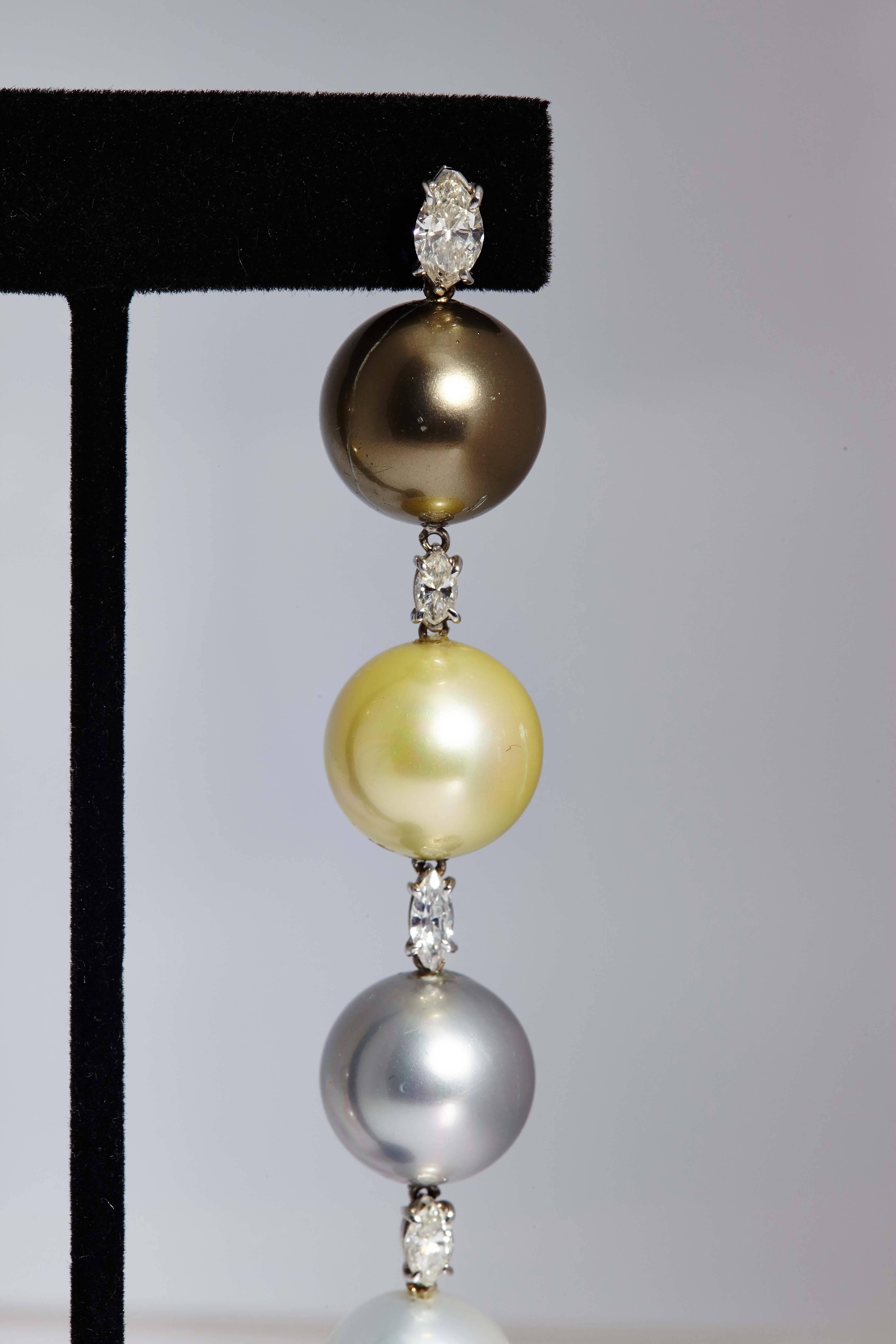 1980s Impressive Pearl Diamond Gold Ear Pendants  For Sale 1