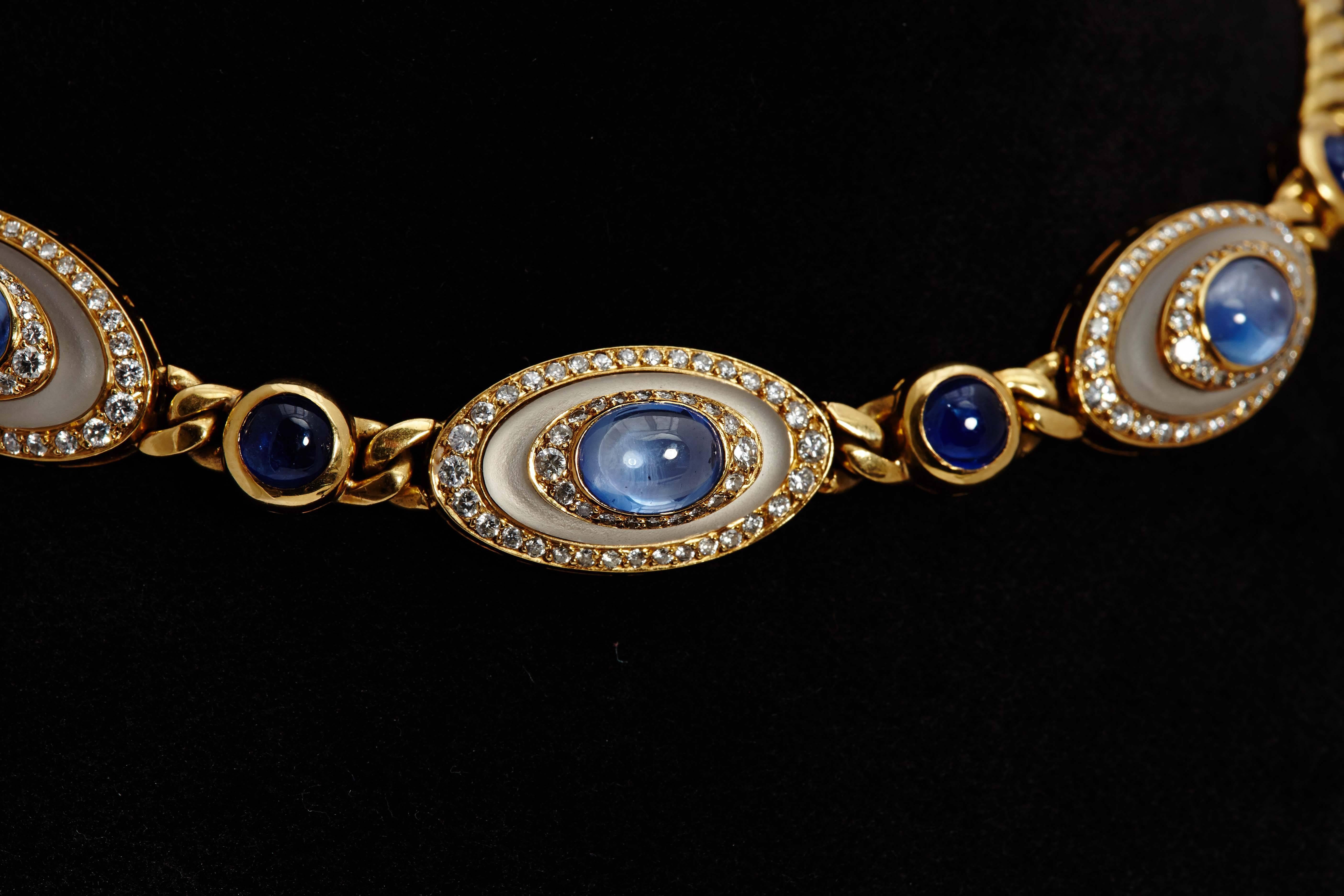 An Unusual 18K Yellow Gold, Sapphire, Diamond & Rock Crystal Necklace by BULGARI . Diamonds: 4 cts. Made in Italy, circa 1975.