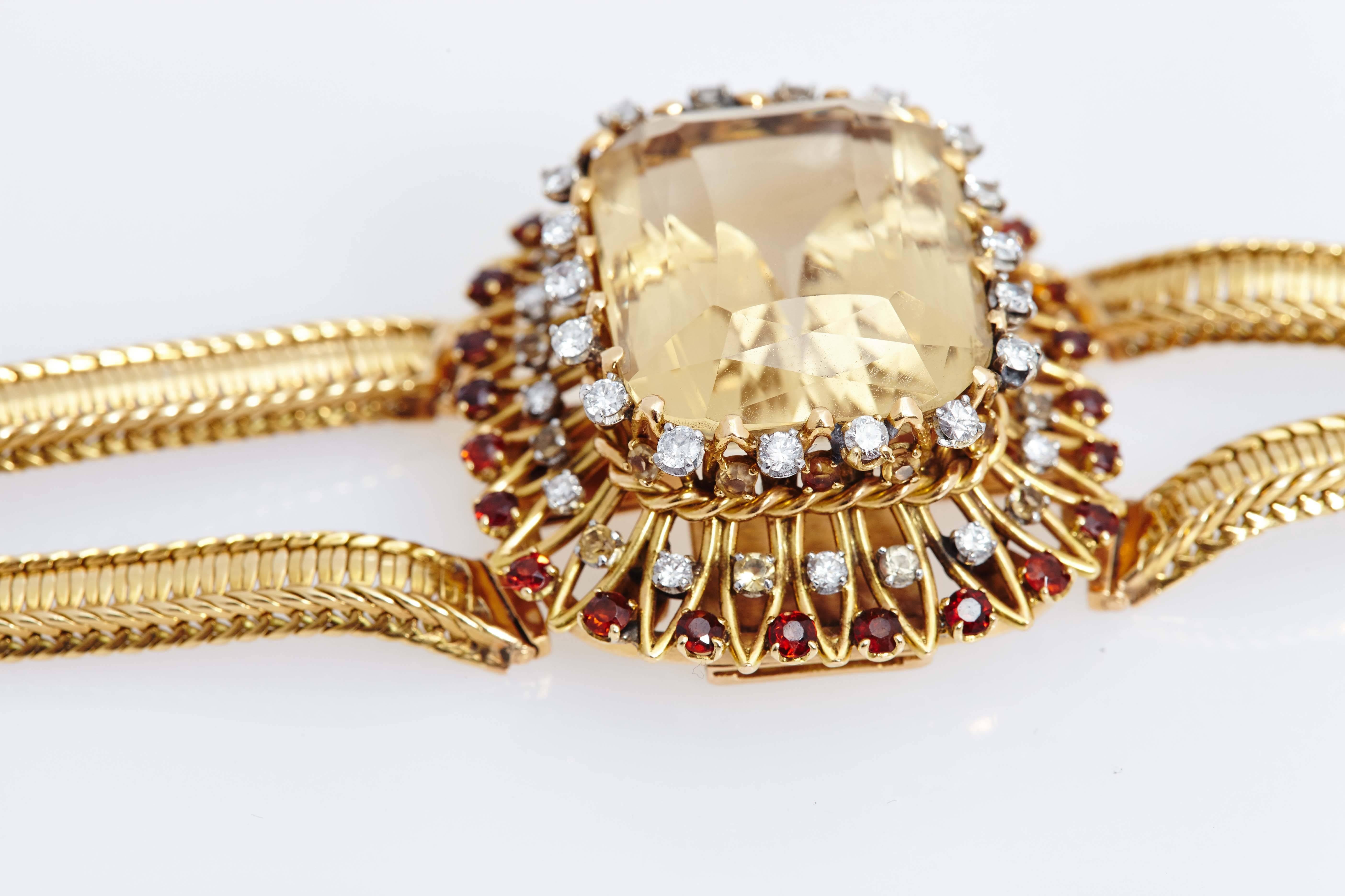 Rétro 1950 Pierre Sterle Bracciale retrò in oro con grani di citrino e diamanti in vendita