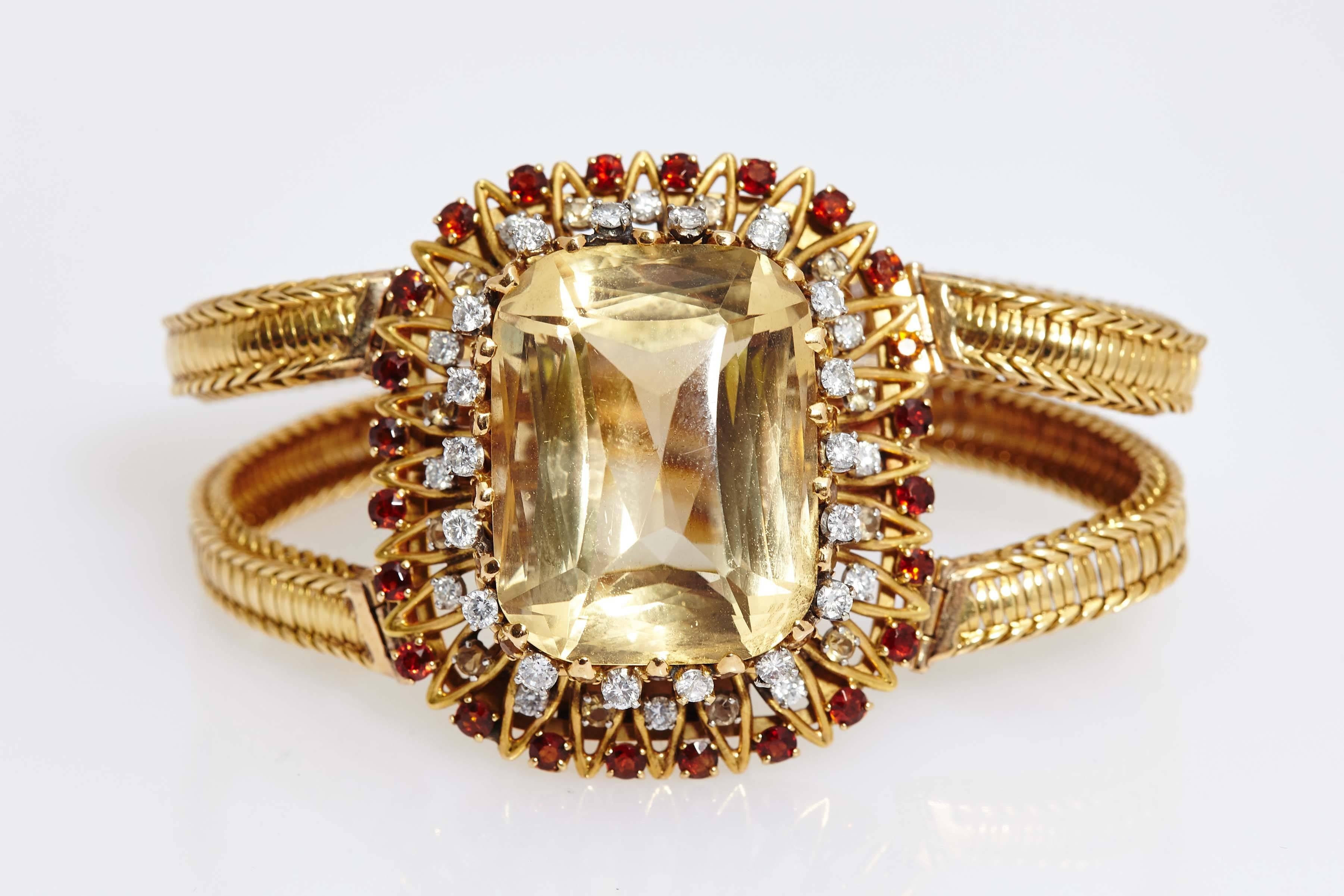 1950s Pierre Sterle Retro Citrine Garnets Diamonds Gold Bracelet  In Excellent Condition For Sale In New York, NY
