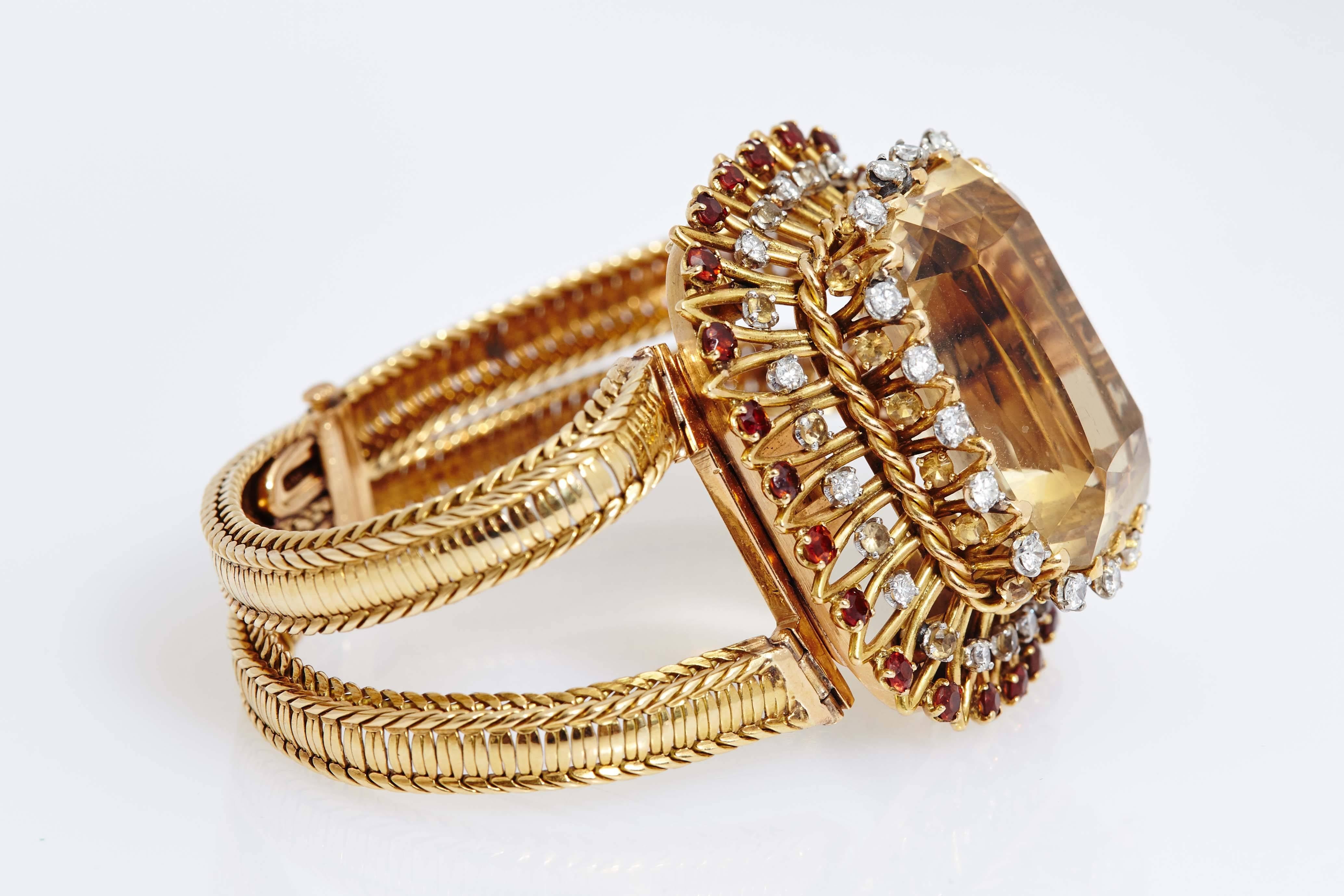 Women's 1950s Pierre Sterle Retro Citrine Garnets Diamonds Gold Bracelet  For Sale