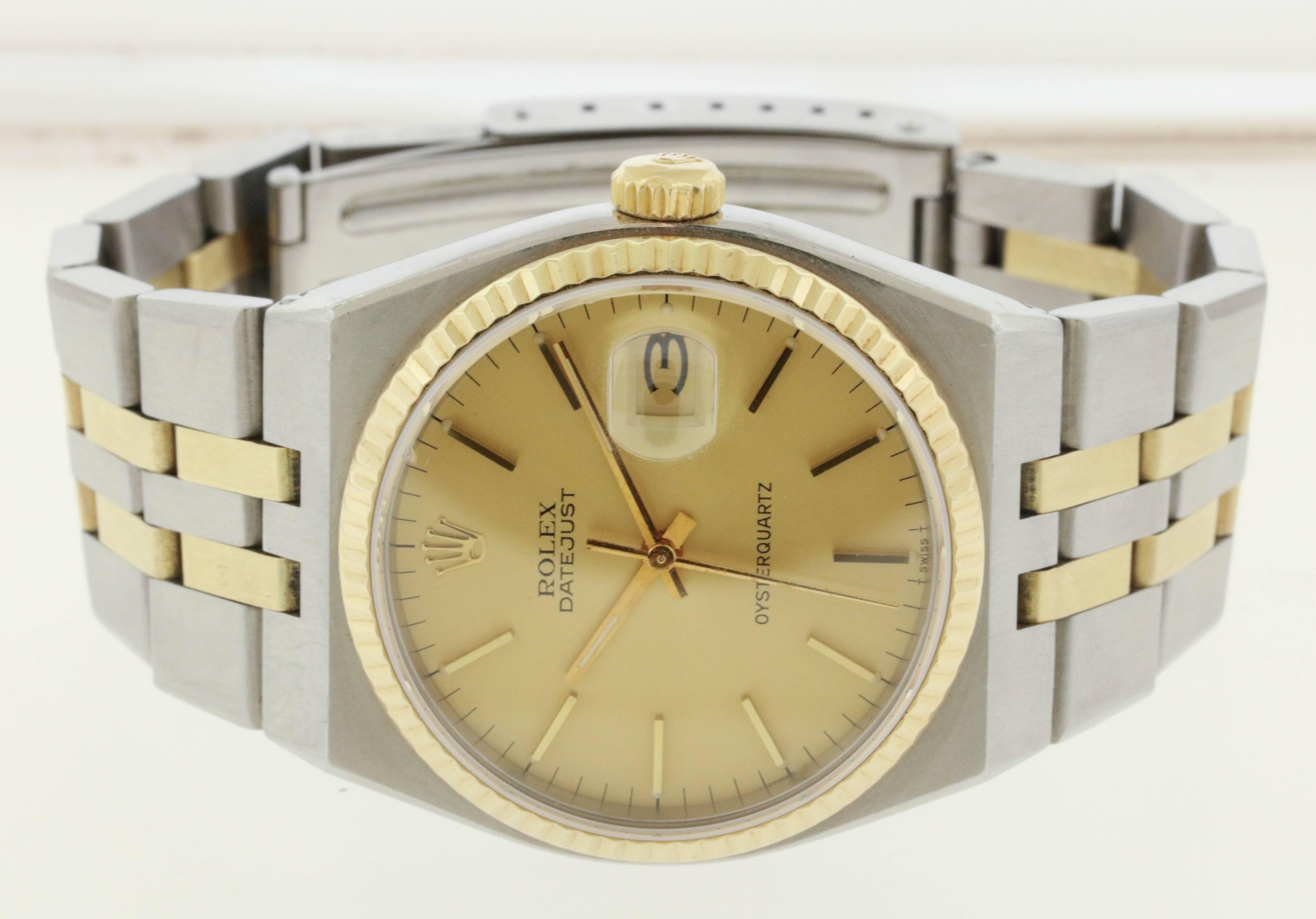 Rolex Yellow Gold Stainless Steel Oysterquartz Datejust Wristwatch Ref 17013 In Excellent Condition In New York, NY