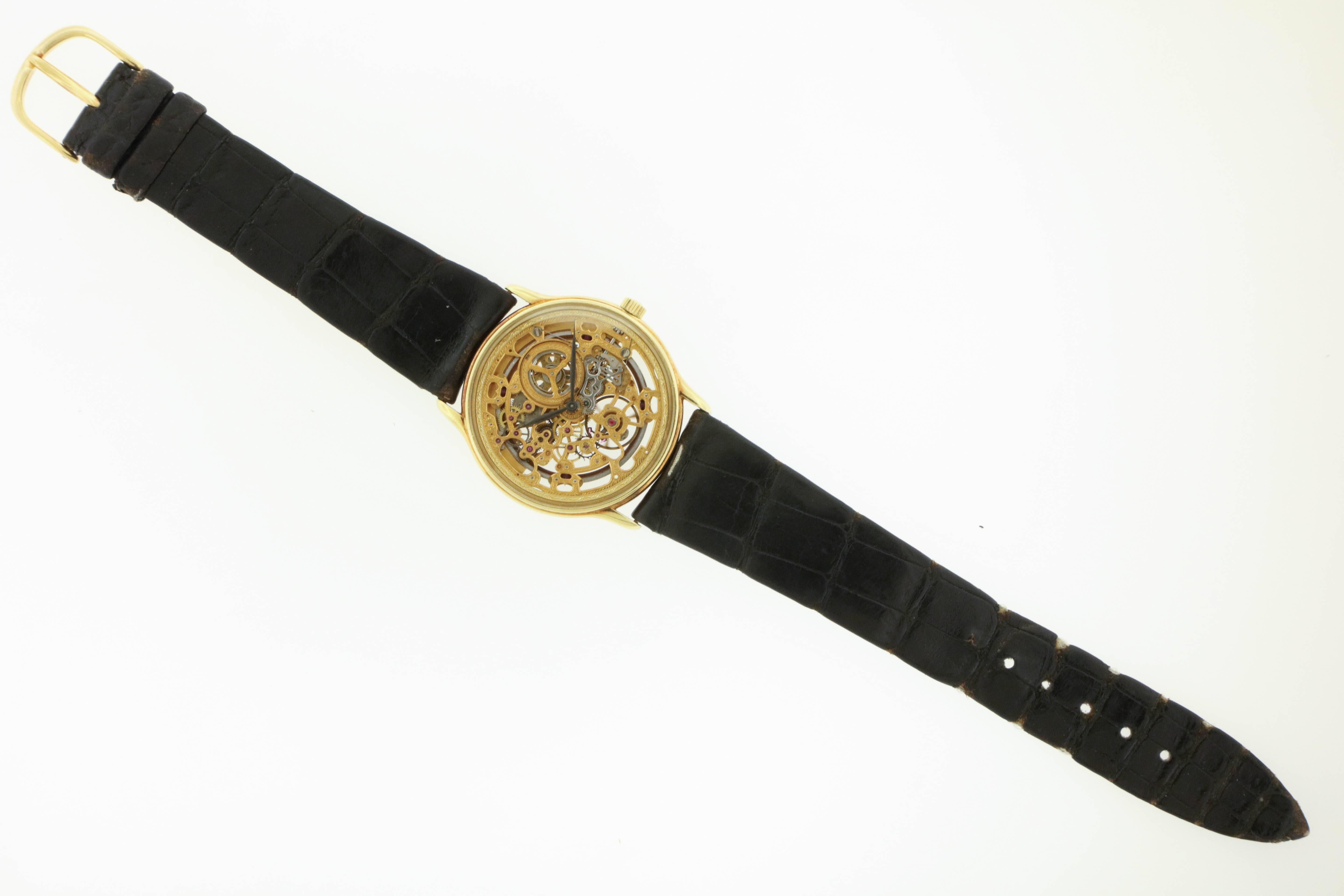 Women's or Men's Audemars Piguet Yellow Gold Rare Skeletonized Ultra-Thin Automatic Wristwatch