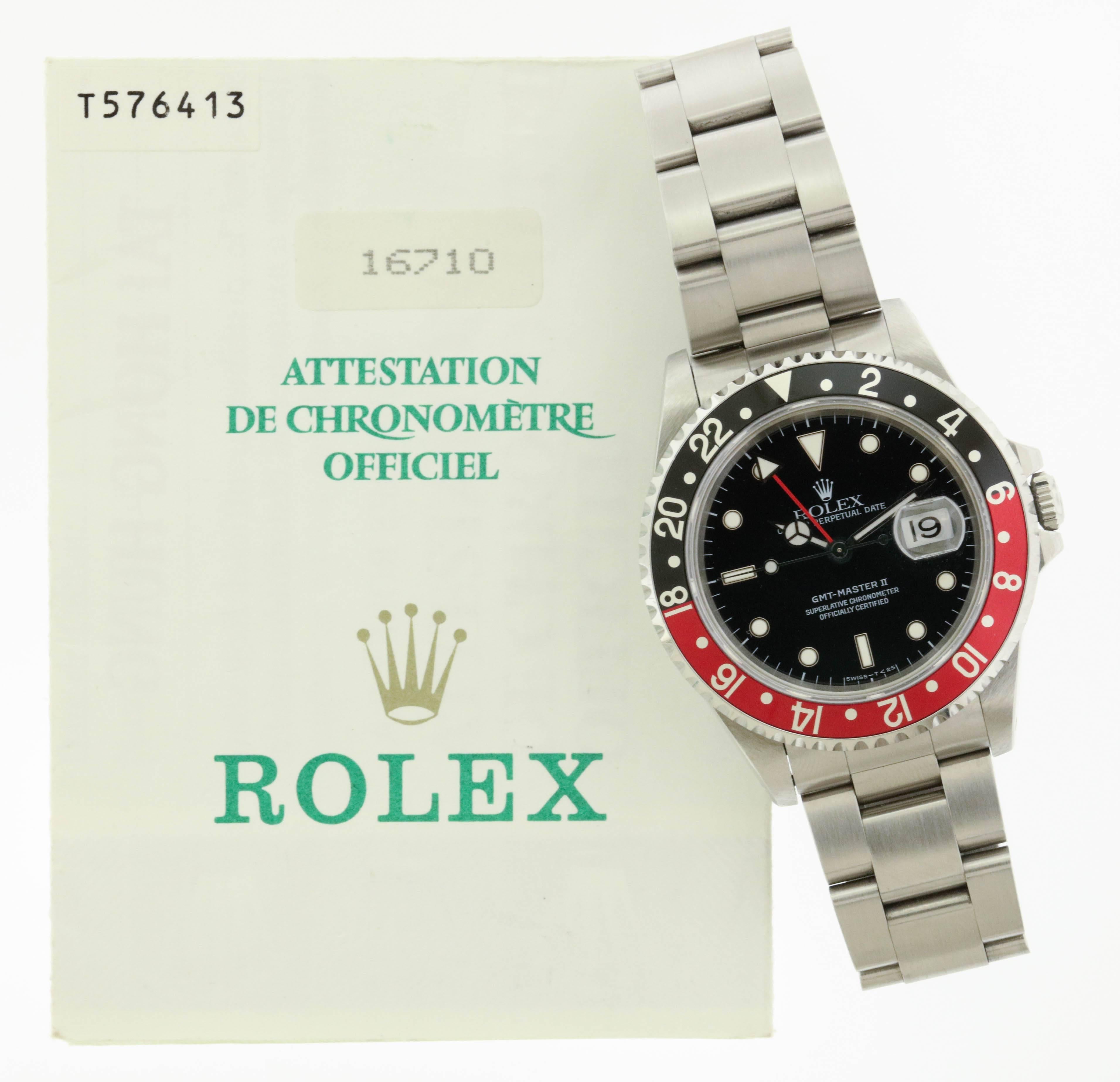 Stainless steel Rolex Ref. 16710 GMT-Master II Oyster Perpetual Date, made in 1995, is a center-seconds, self-winding, water resistant, two time zone, stainless steel wristwatch with special 24-hour bezel and hand, independently adjustable 12-hour