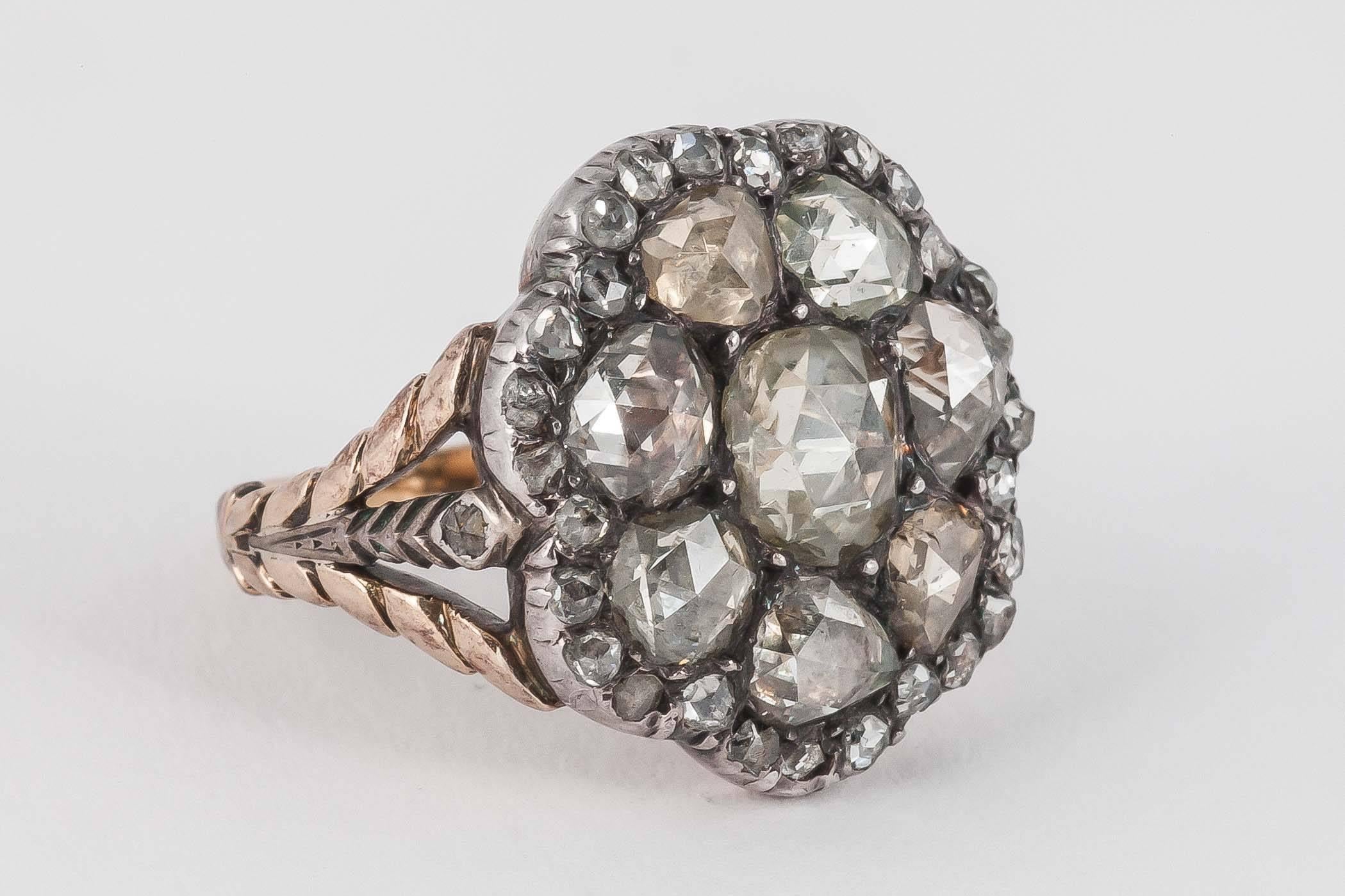 Foiled rose cut Diamond cluster ring set in silver and 15ct Gold