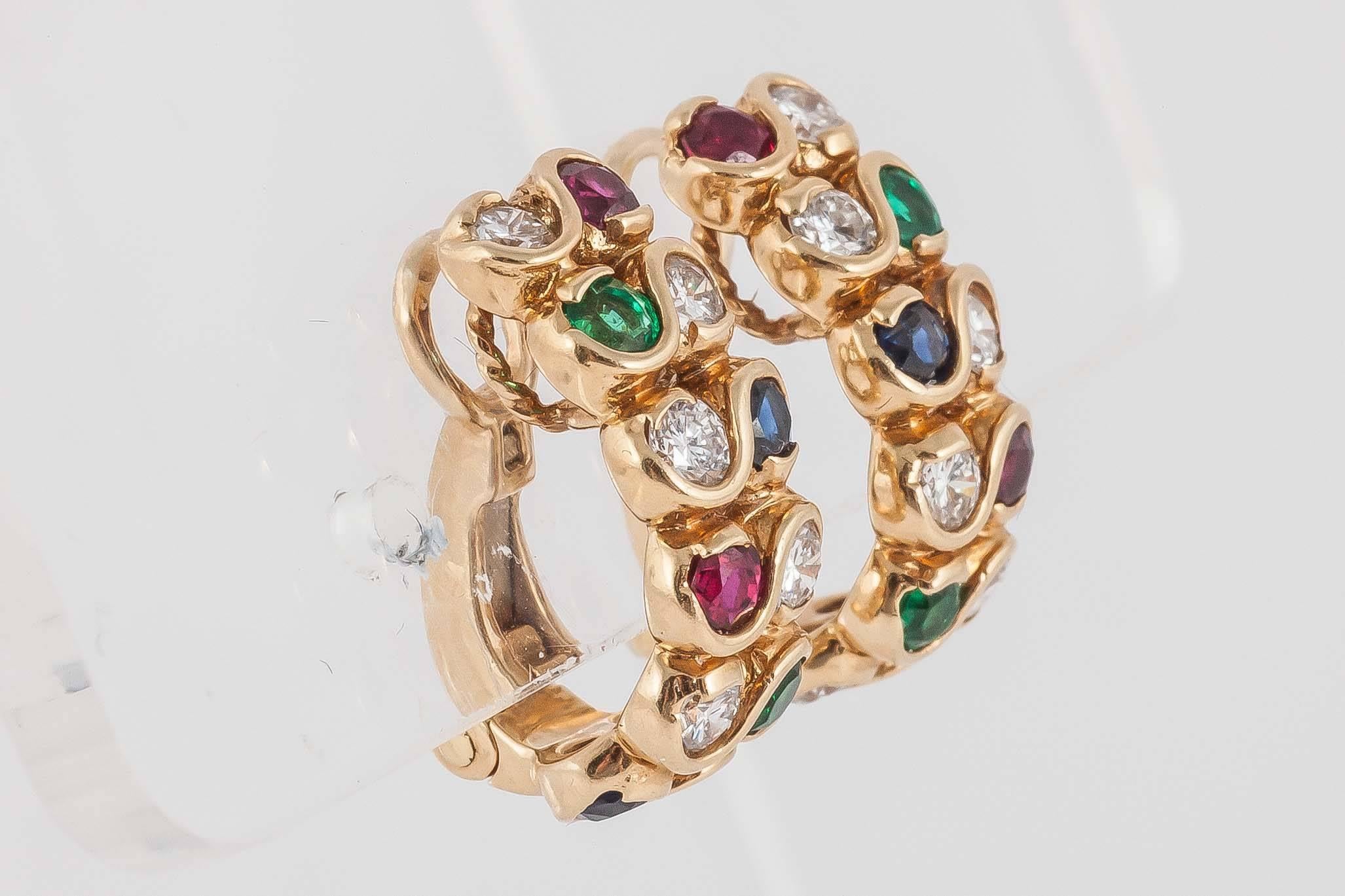 French hoop earrings set with Emeralds, Diamonds, Rubies and Sapphires set in 18ct Gold