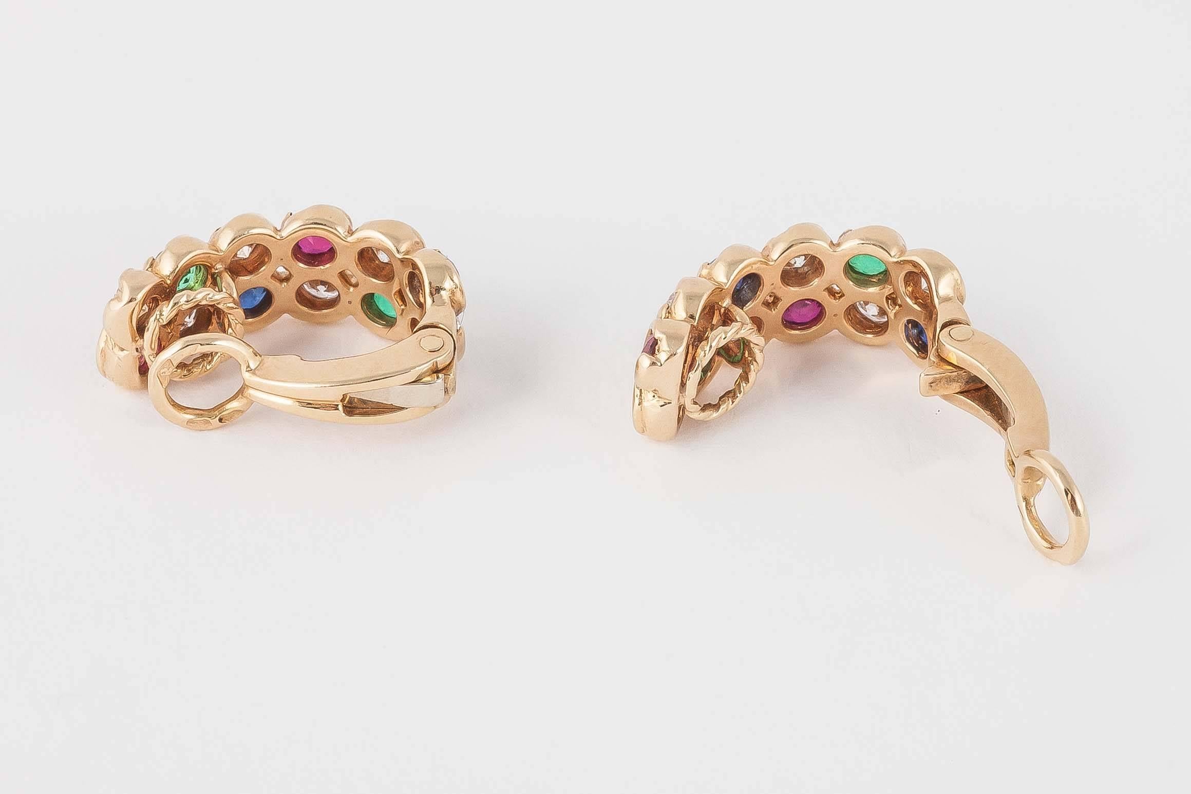Multi Coloured Gem Set Gold Clip Earrings In Excellent Condition For Sale In London, GB