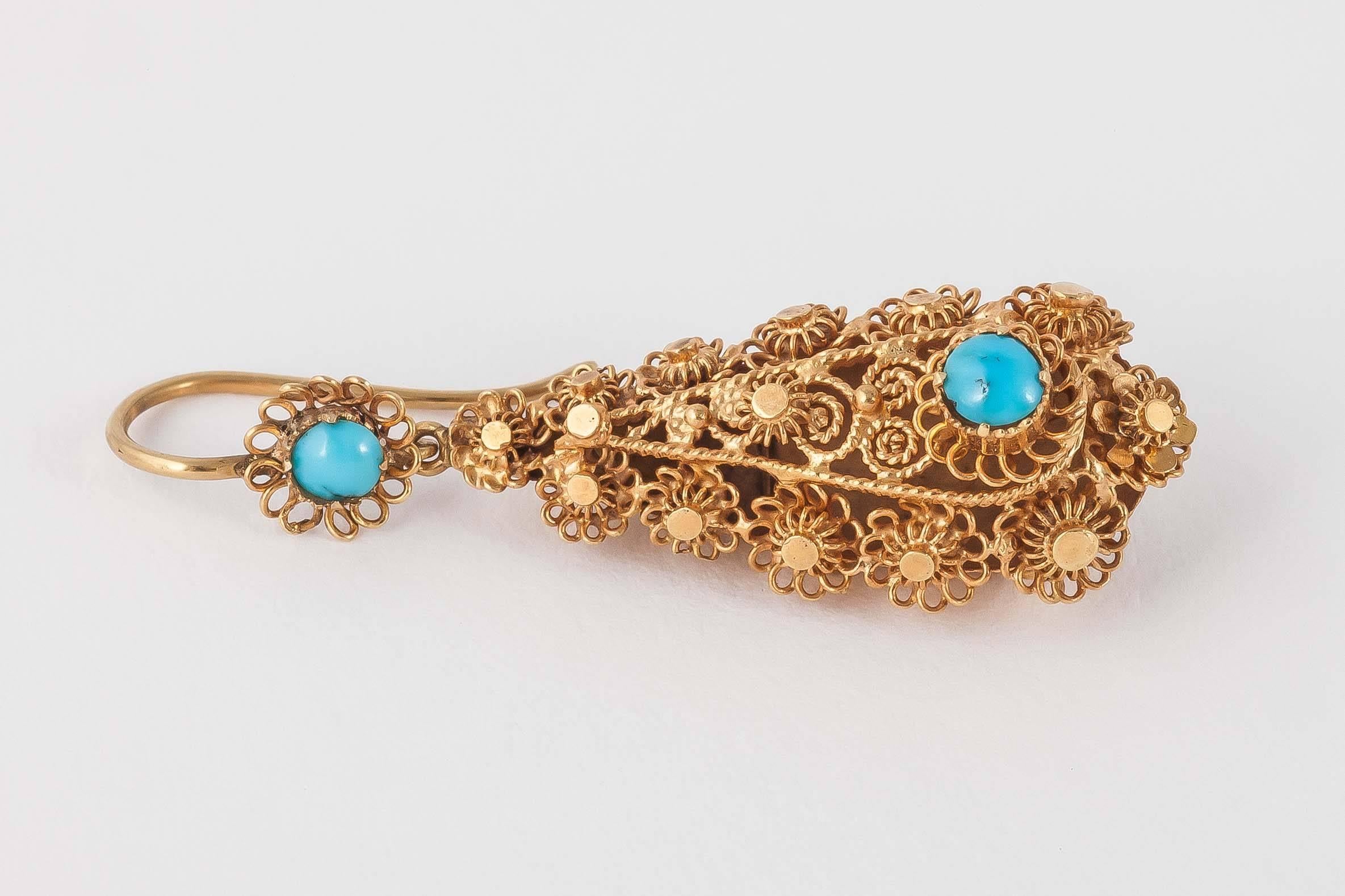 Regency Türkis Gold Cannetille Tropfenohrringe im Zustand „Hervorragend“ im Angebot in London, GB