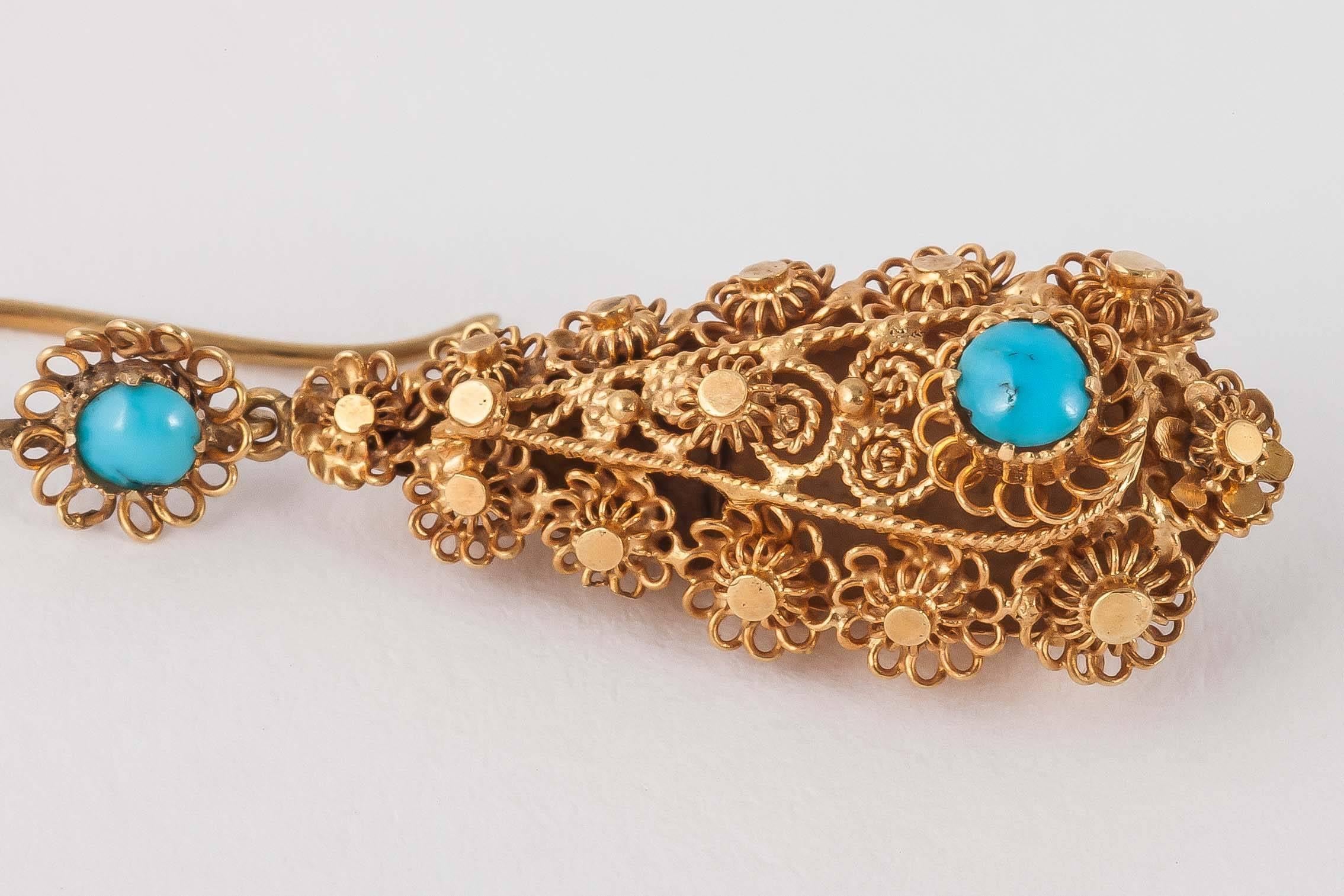Regency Türkis Gold Cannetille Tropfenohrringe Damen im Angebot