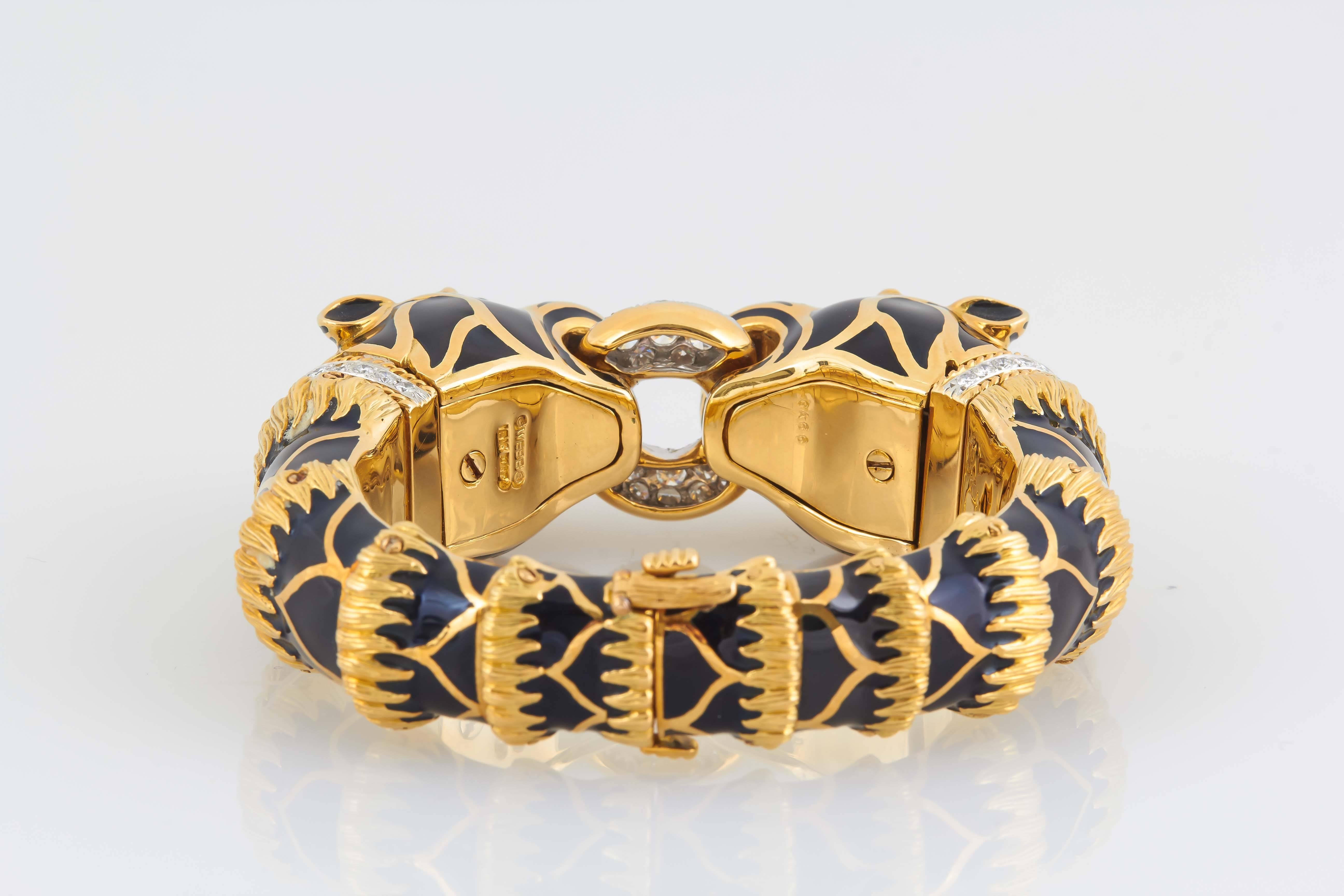 Women's Double TigerHead, Black Enamel Bracelet by DAVID WEBB