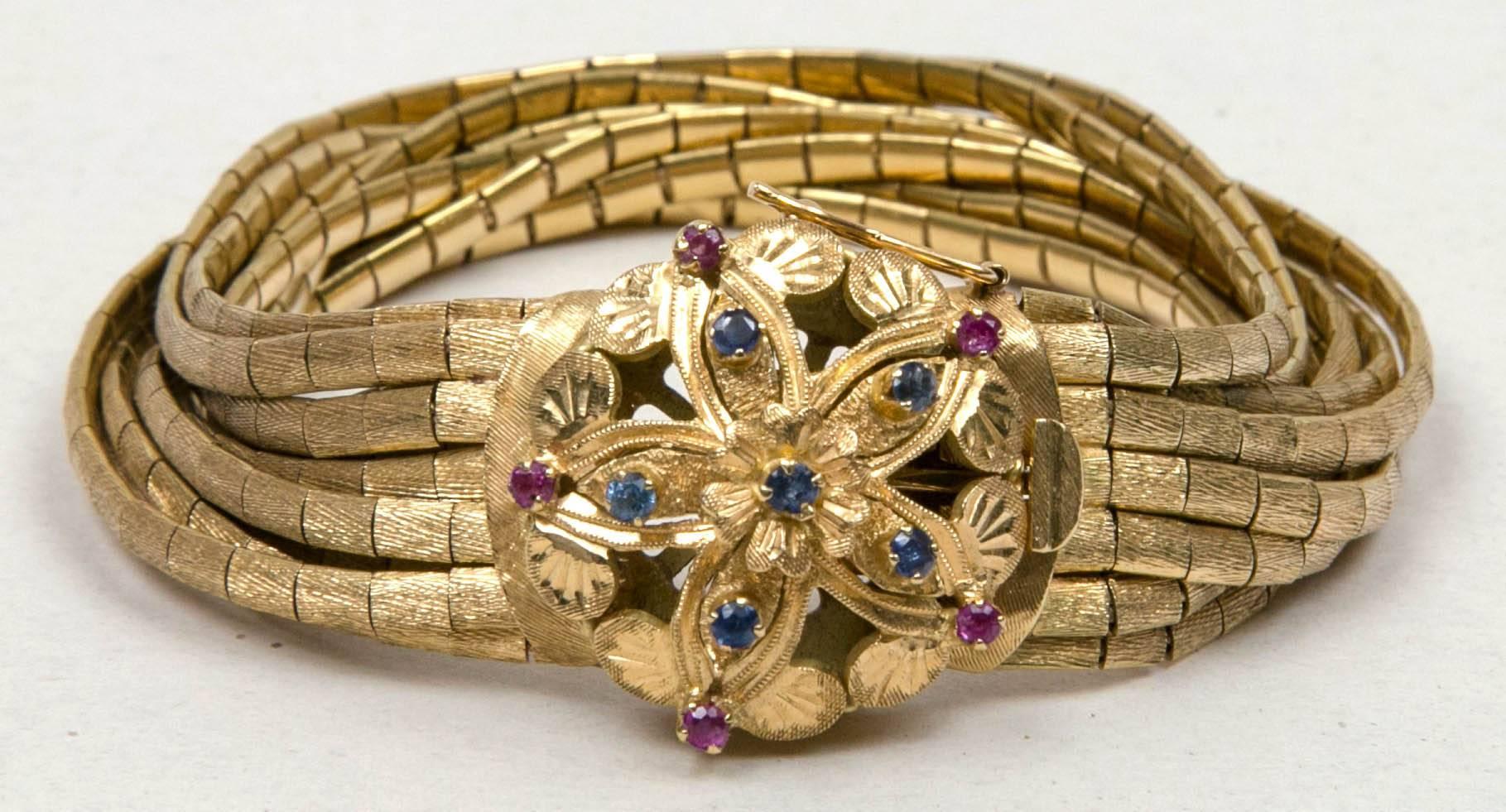 Ca. 1950's 18K  Yellow Gold Sapphire And Ruby Bracelet  3