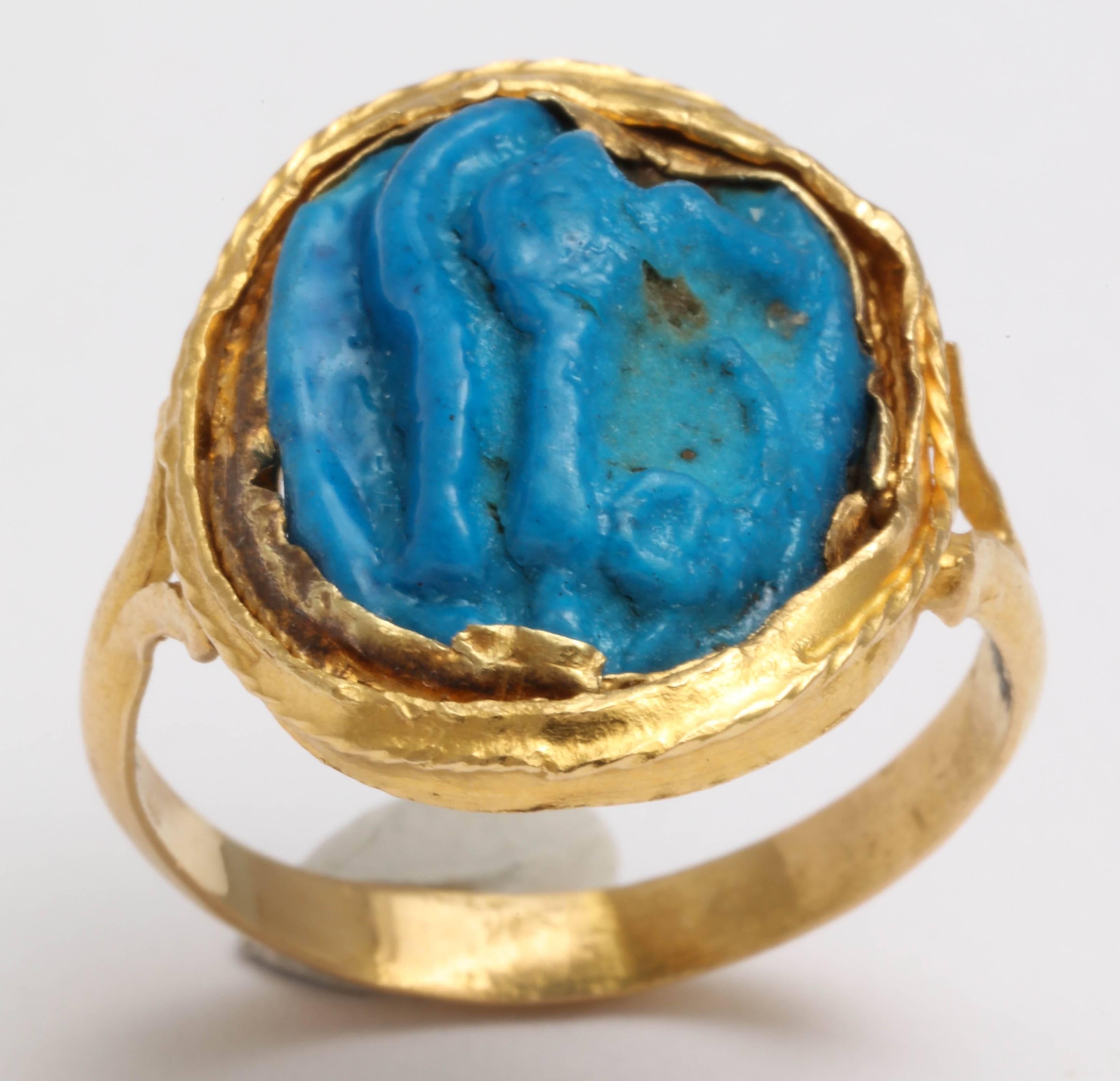 Women's or Men's Ancient Egyptian Faience Eye Amulet Mounted as a Gold ring