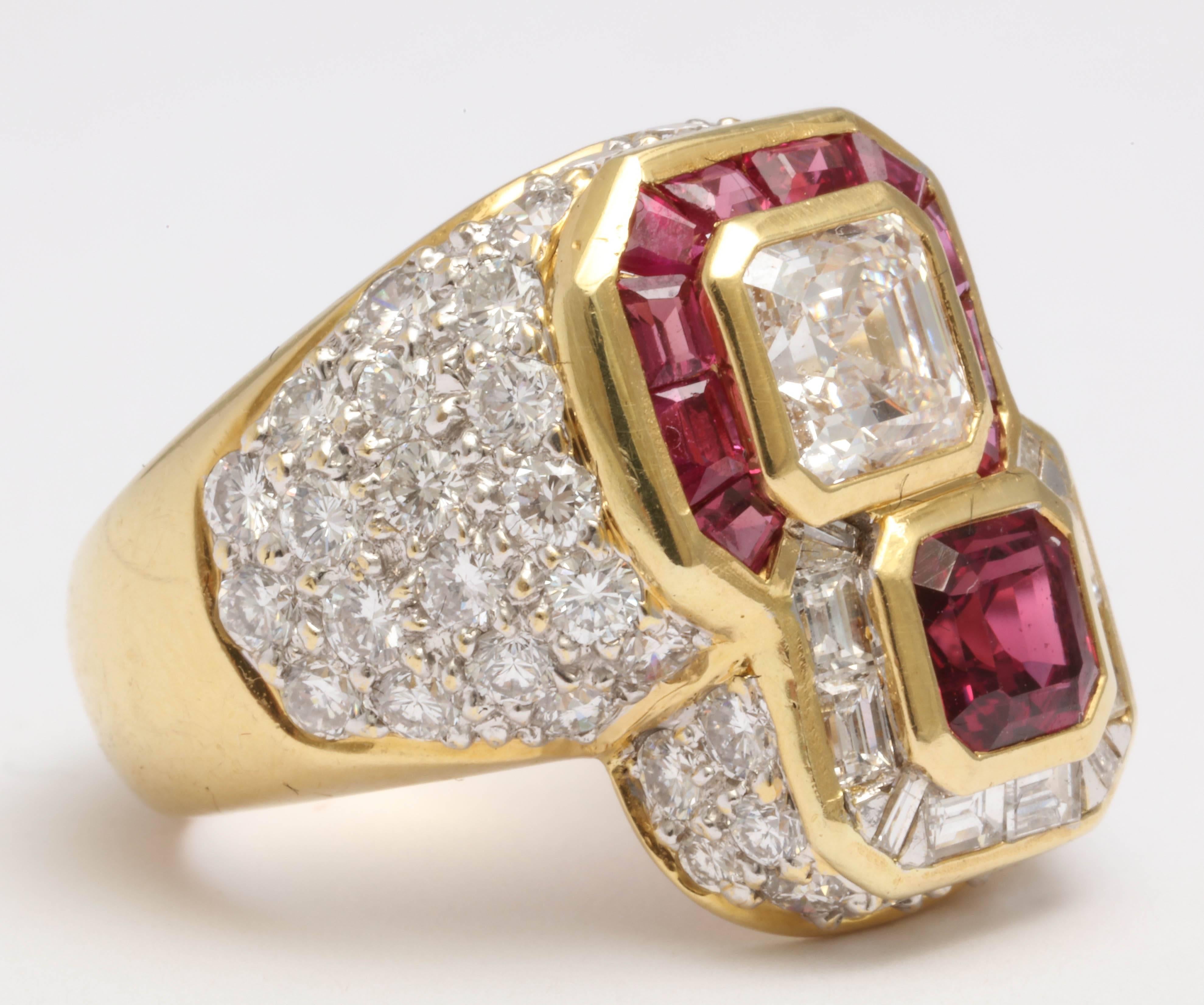 Contemporary Ruby and Diamond Cross-over Ring