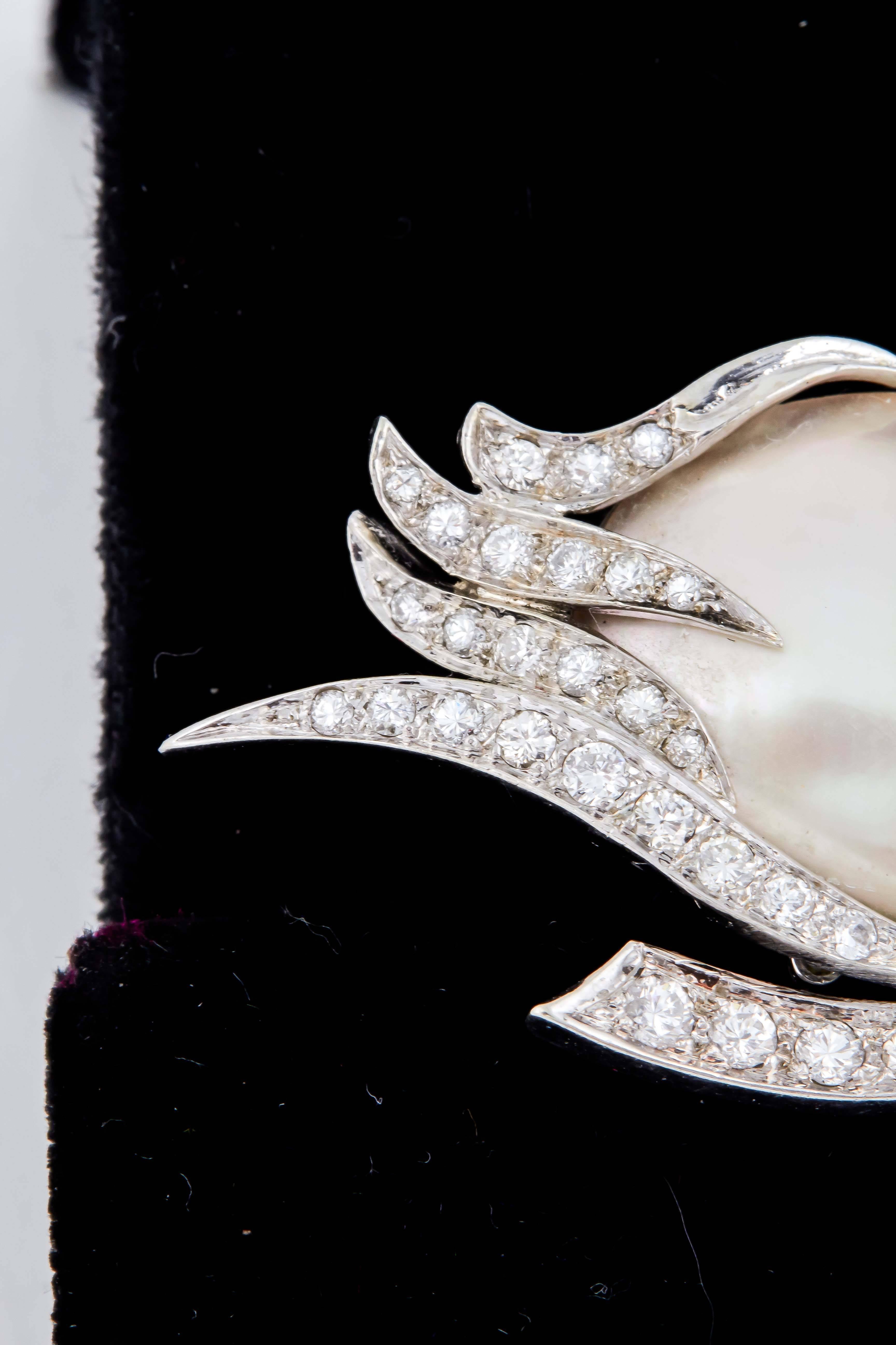 1940's Fantasy, Platinum & Diamond Figural Swan Brooch With Pearl Body In Excellent Condition In New York, NY