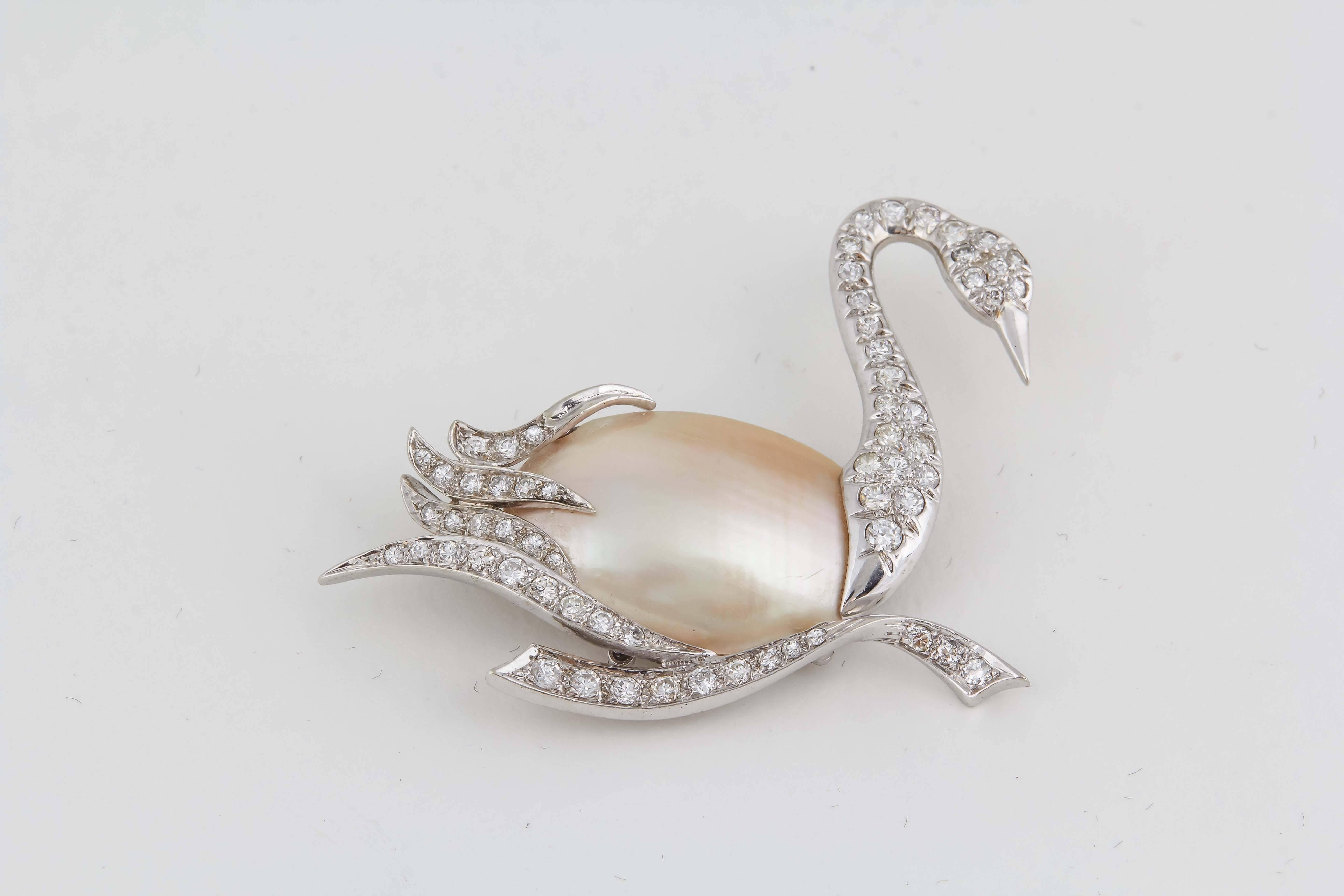 Women's 1940's Fantasy, Platinum & Diamond Figural Swan Brooch With Pearl Body