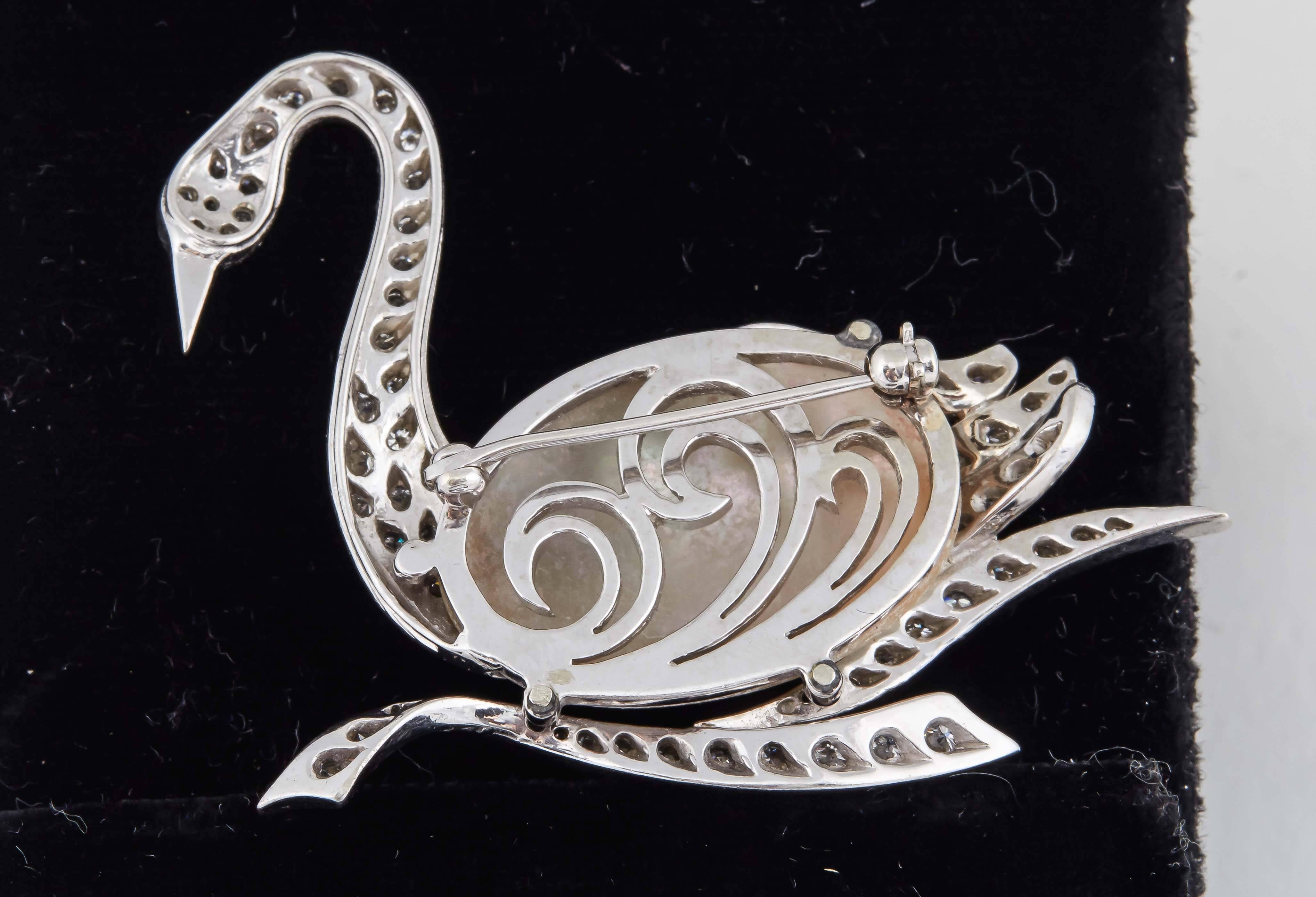 1940's Fantasy, Platinum & Diamond Figural Swan Brooch With Pearl Body 2