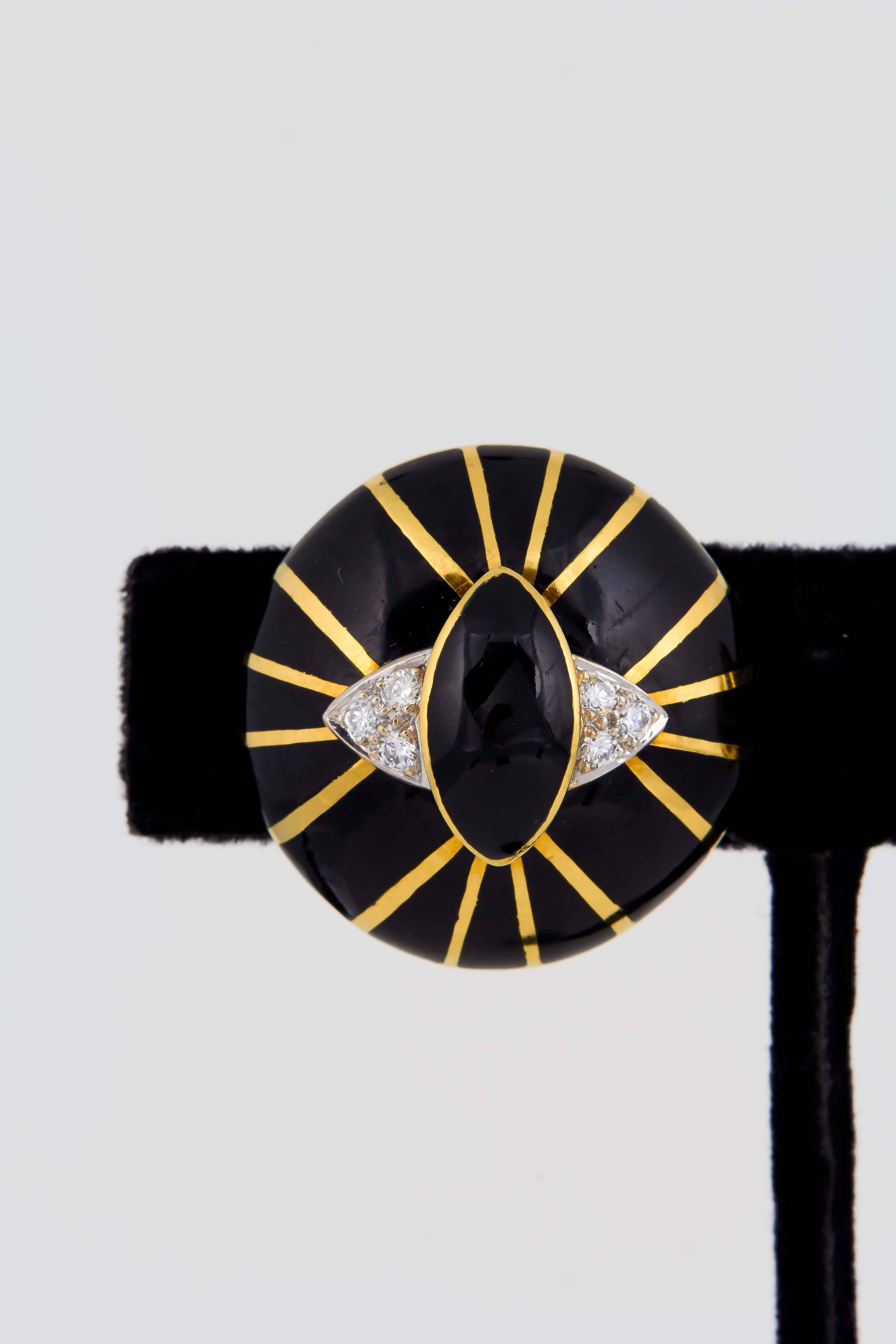 1960's Gold, Black Enamel & Diamond SpiderWeb Design Circular Earclips In Excellent Condition In New York, NY