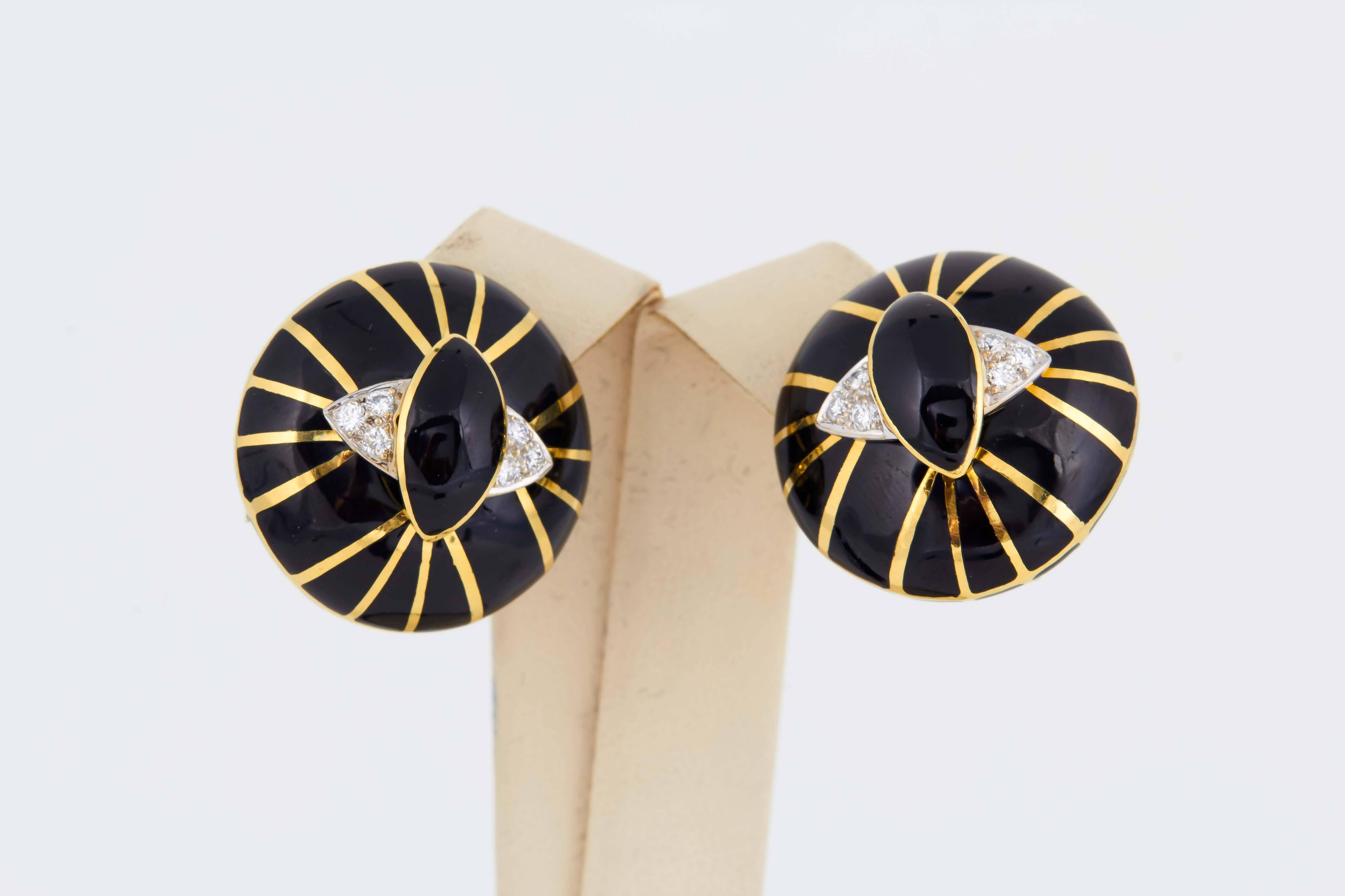 Women's 1960's Gold, Black Enamel & Diamond SpiderWeb Design Circular Earclips