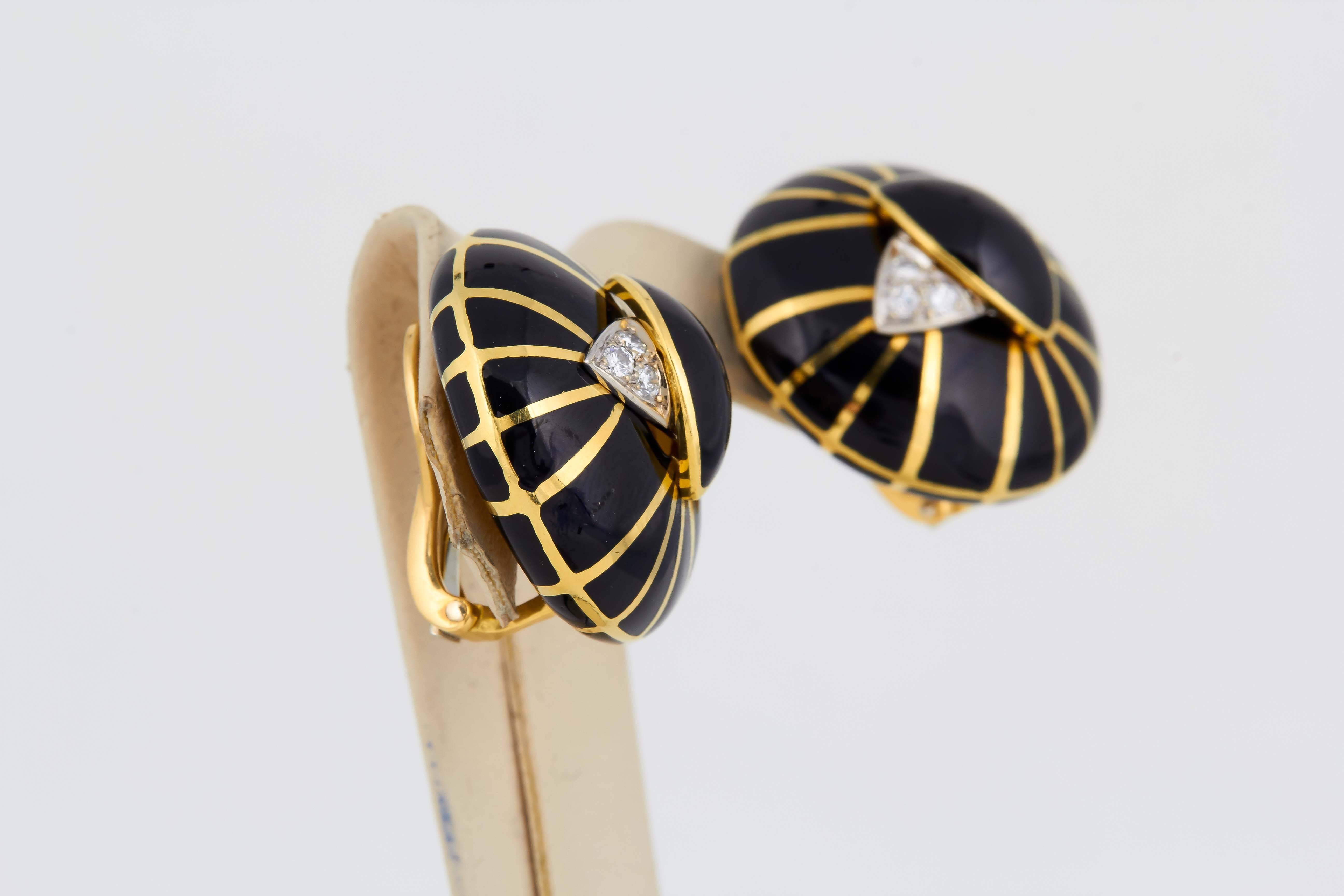 1960's Gold, Black Enamel & Diamond SpiderWeb Design Circular Earclips 1