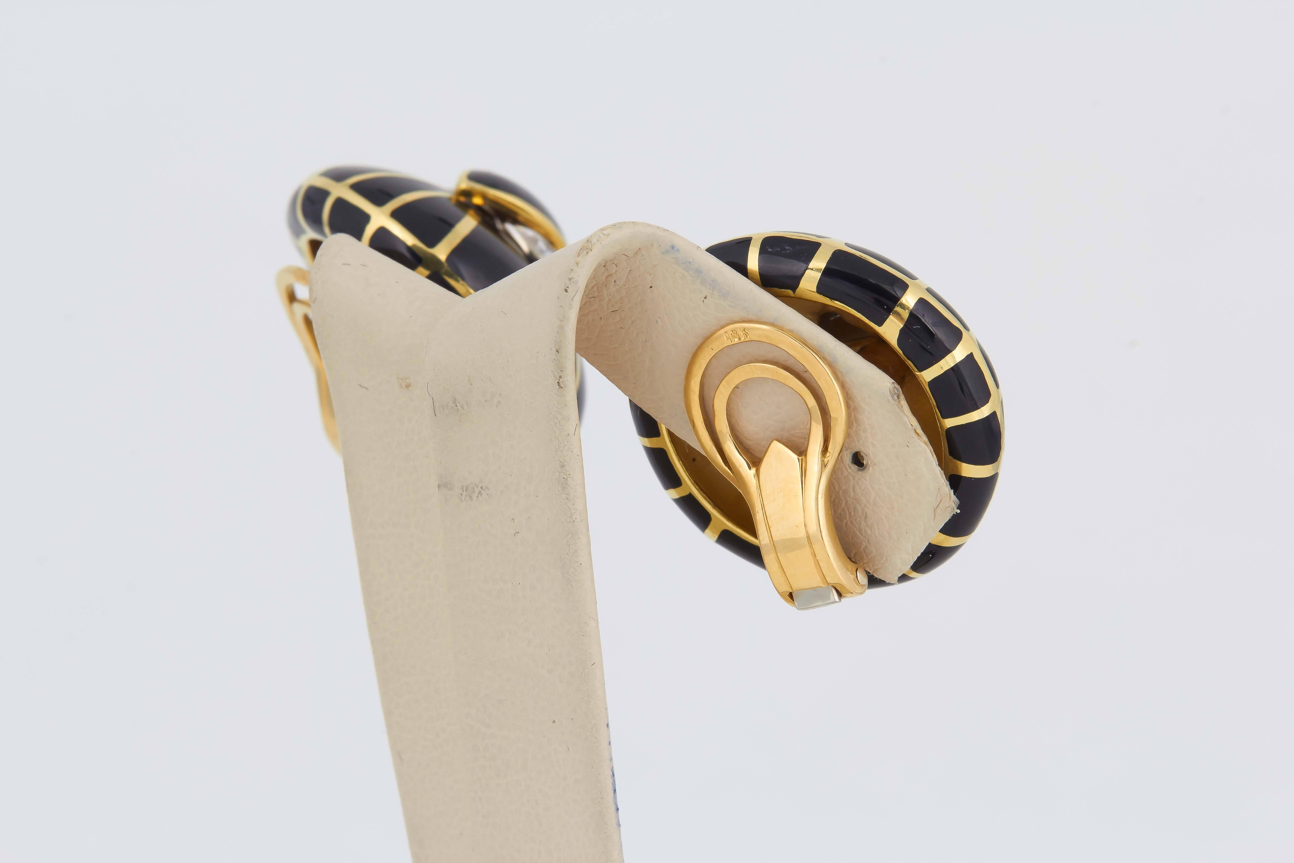 1960's Gold, Black Enamel & Diamond SpiderWeb Design Circular Earclips 2