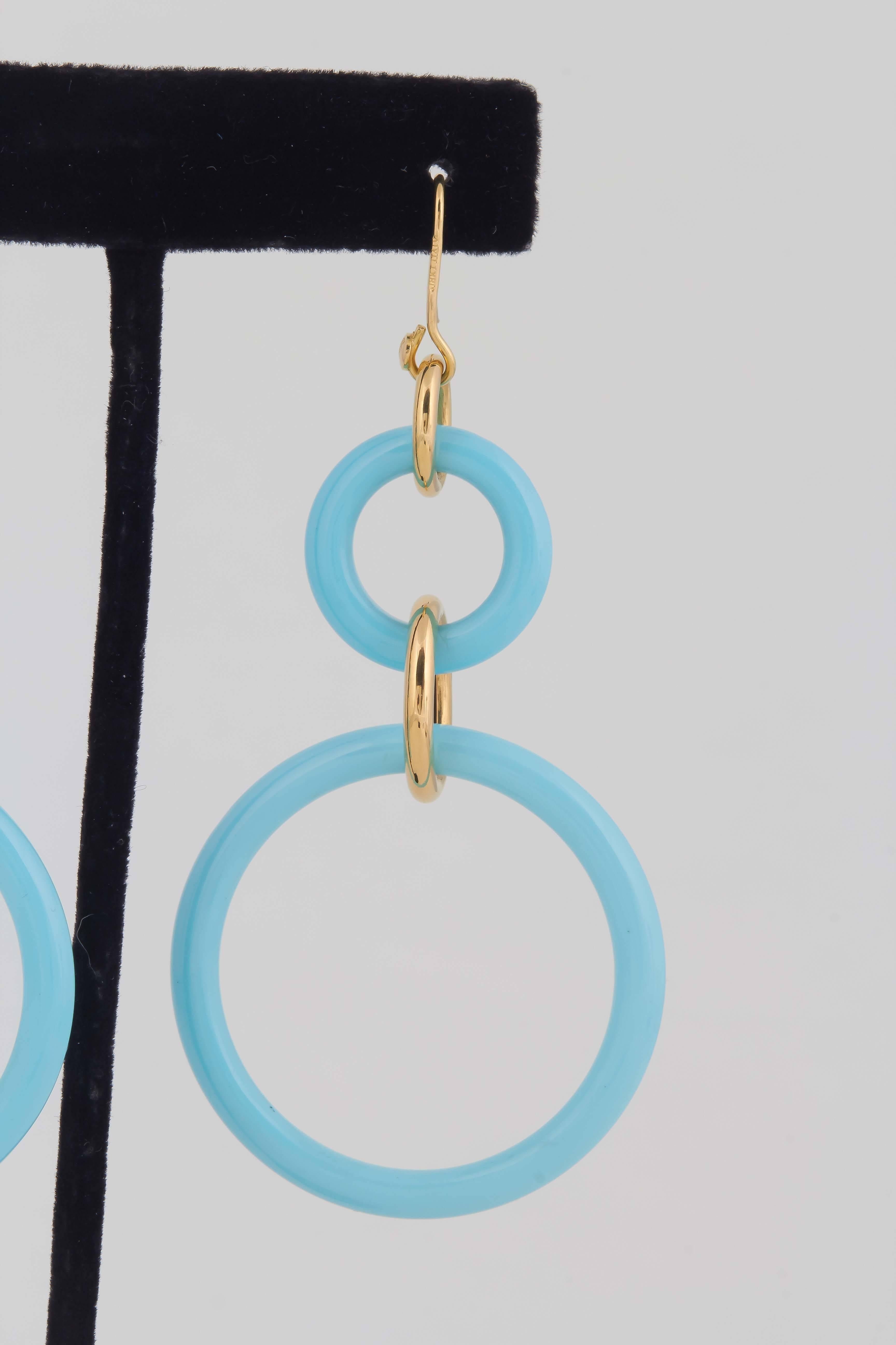 18kt Yellow Gold Hanging Moveable Earrings Designed With 4 Custom Cut Round Turquoises Interlocked By Smaller 18kt Gold Loops To Create Movement Made By Faraone Menella In The 1990's.