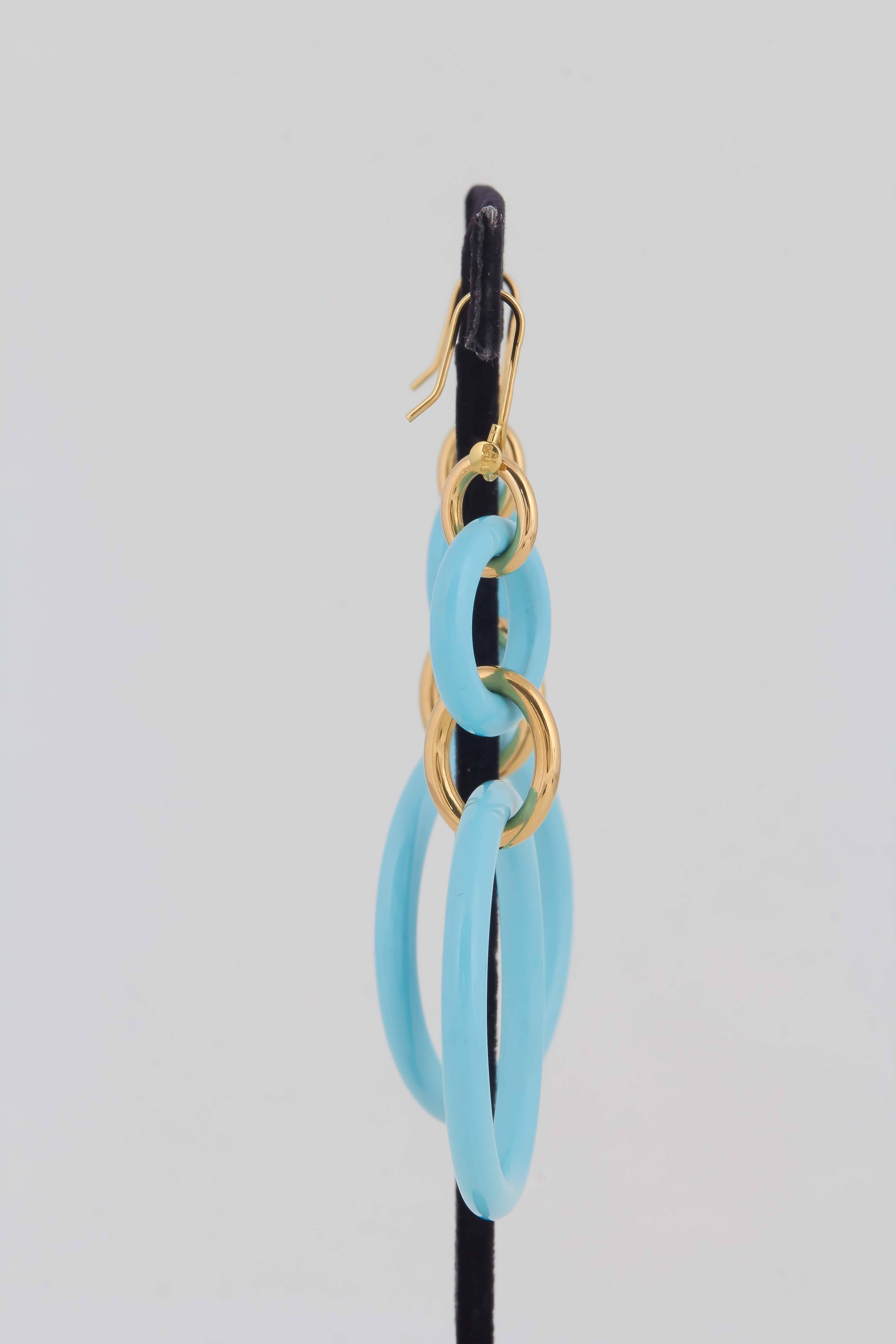 Women's 1990's Faraone Mennella Double Turquoise Loop Hanging Flexible Gold Earrings