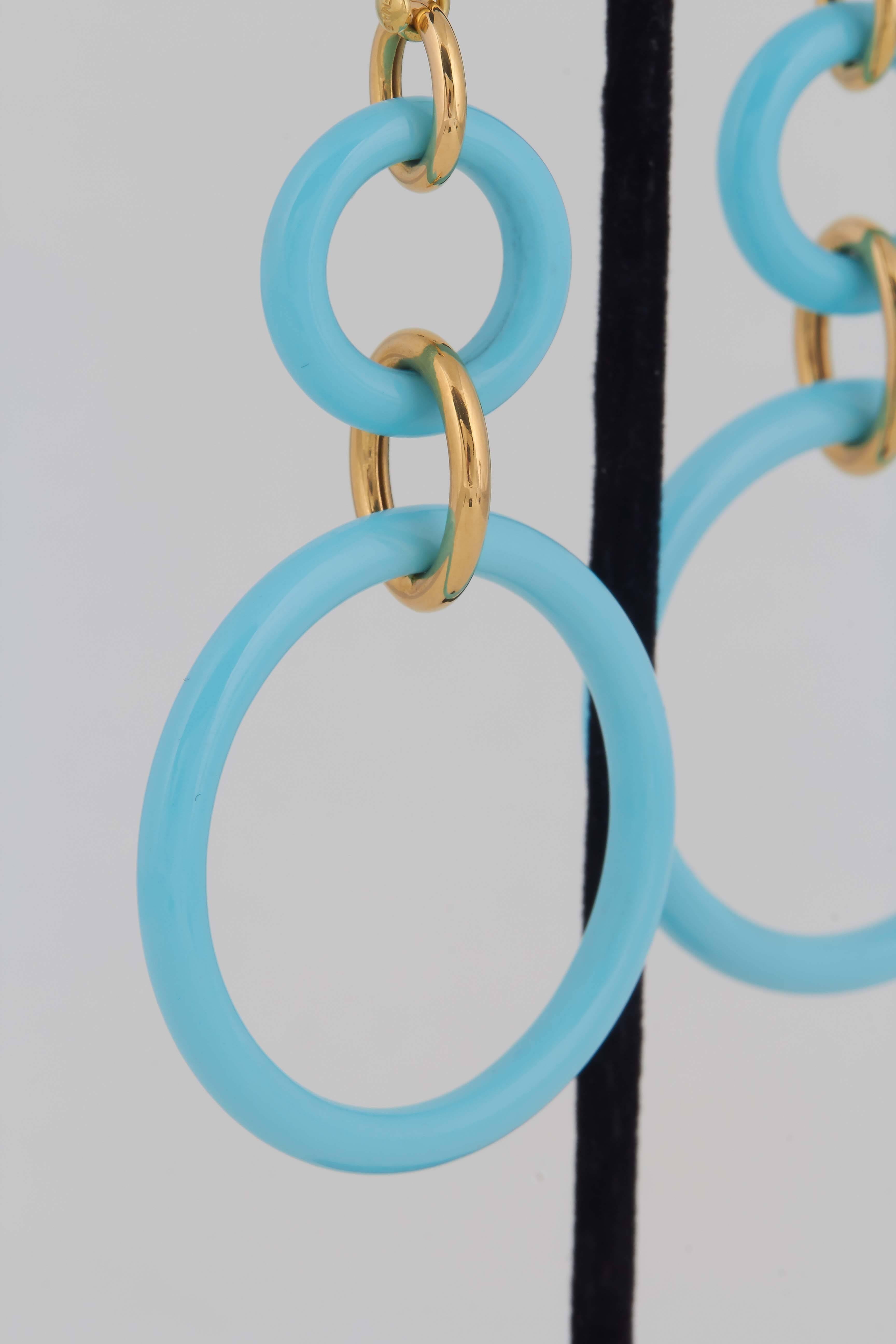 1990's Faraone Mennella Double Turquoise Loop Hanging Flexible Gold Earrings 1