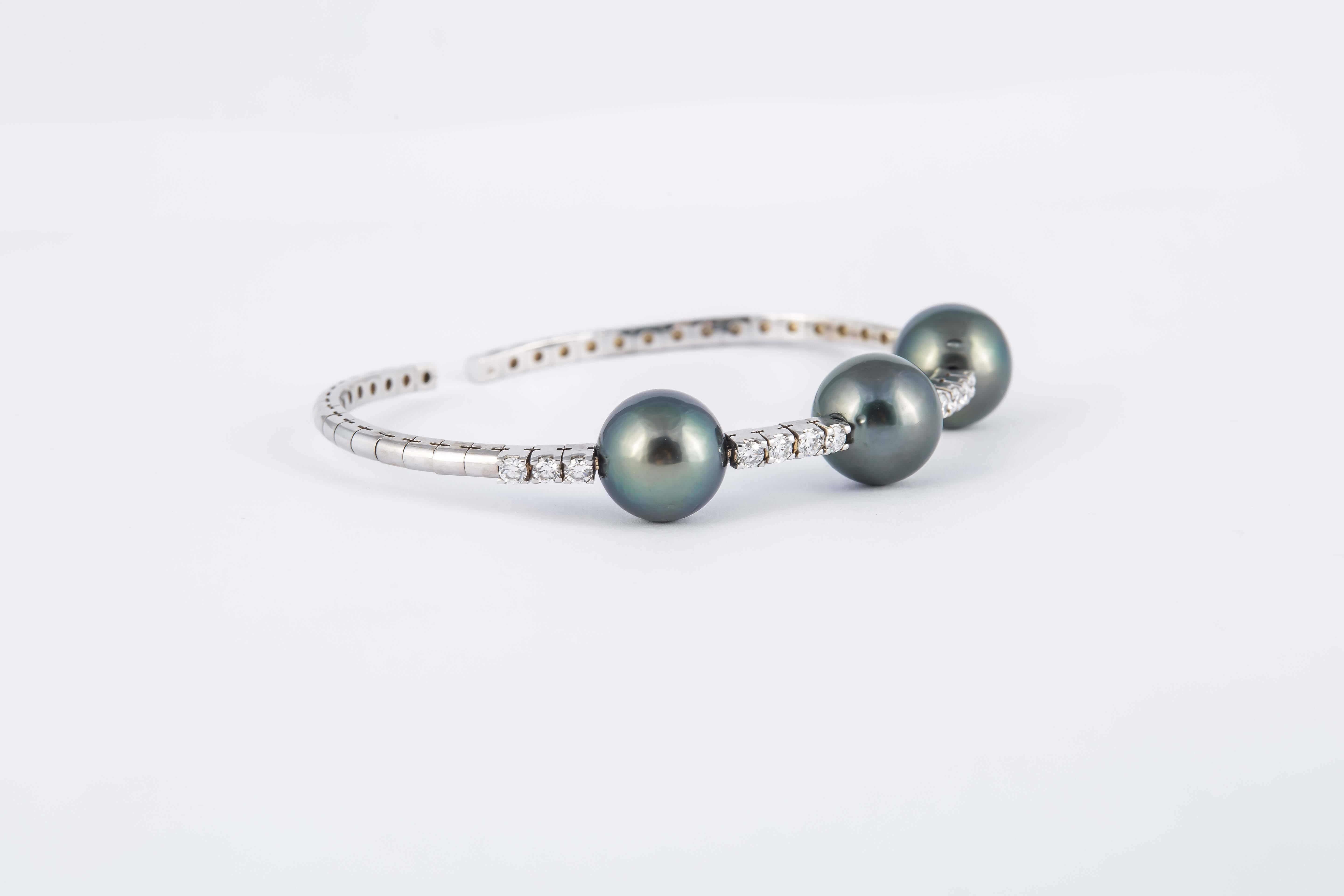 Modern Diamond & Pearl Bangle Bracelet