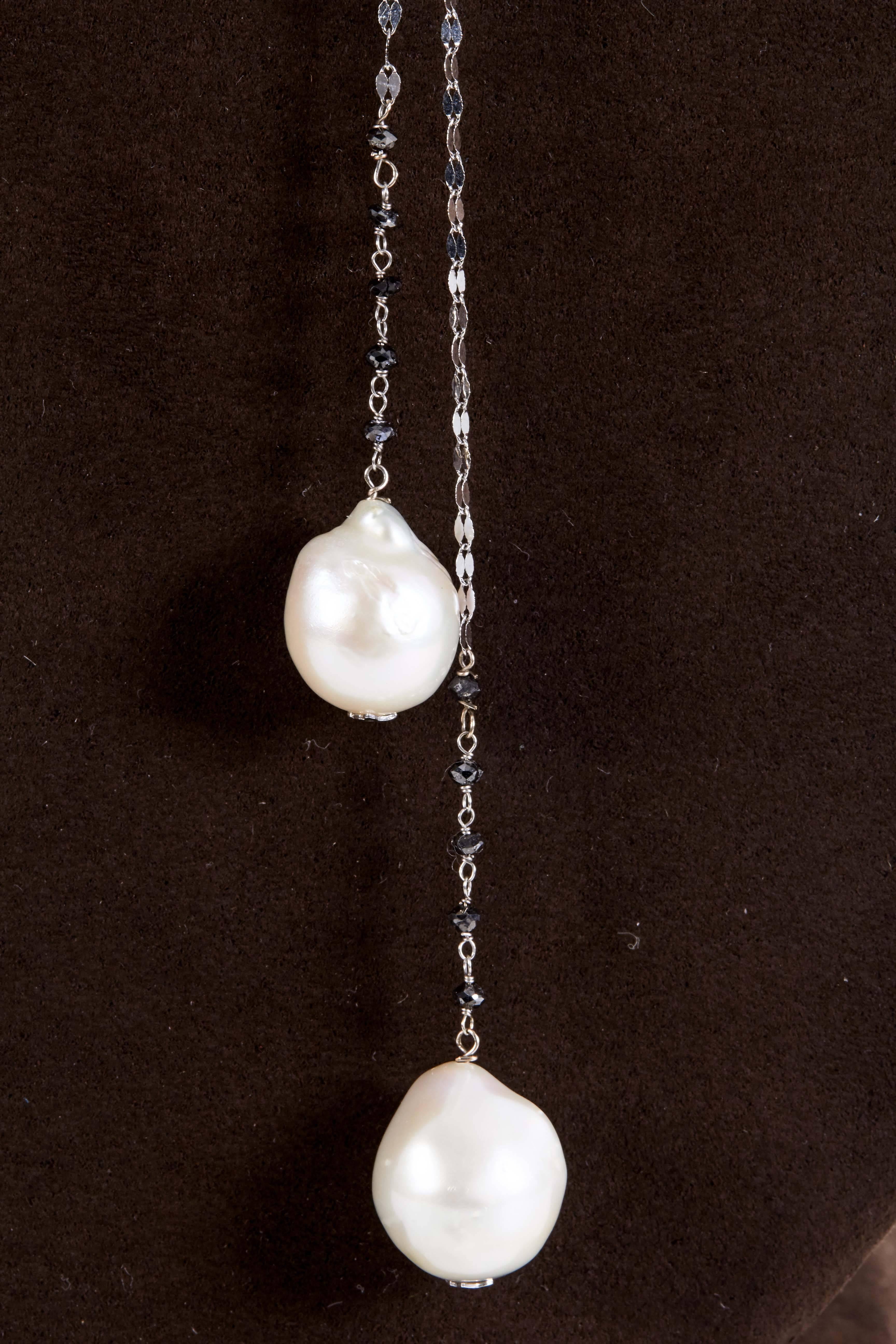 Baroque Pearl Black Diamond Gold Lariat Necklace  In New Condition In New York, NY